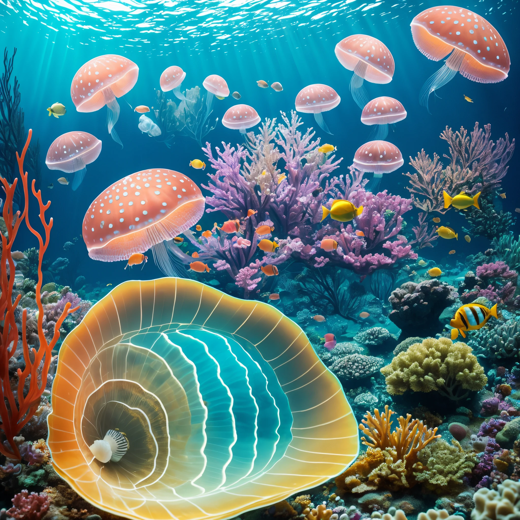 8K, photography, High Detail, fantastic underwater world, with jellyfish, small colorful fish, a huge shell, half a shell,Underwater Shot: Canon EOS-1D X Mark II camera with a Canon EF 8-15mm f/4L Fisheye USM lens in an underwater housing --auto --s2