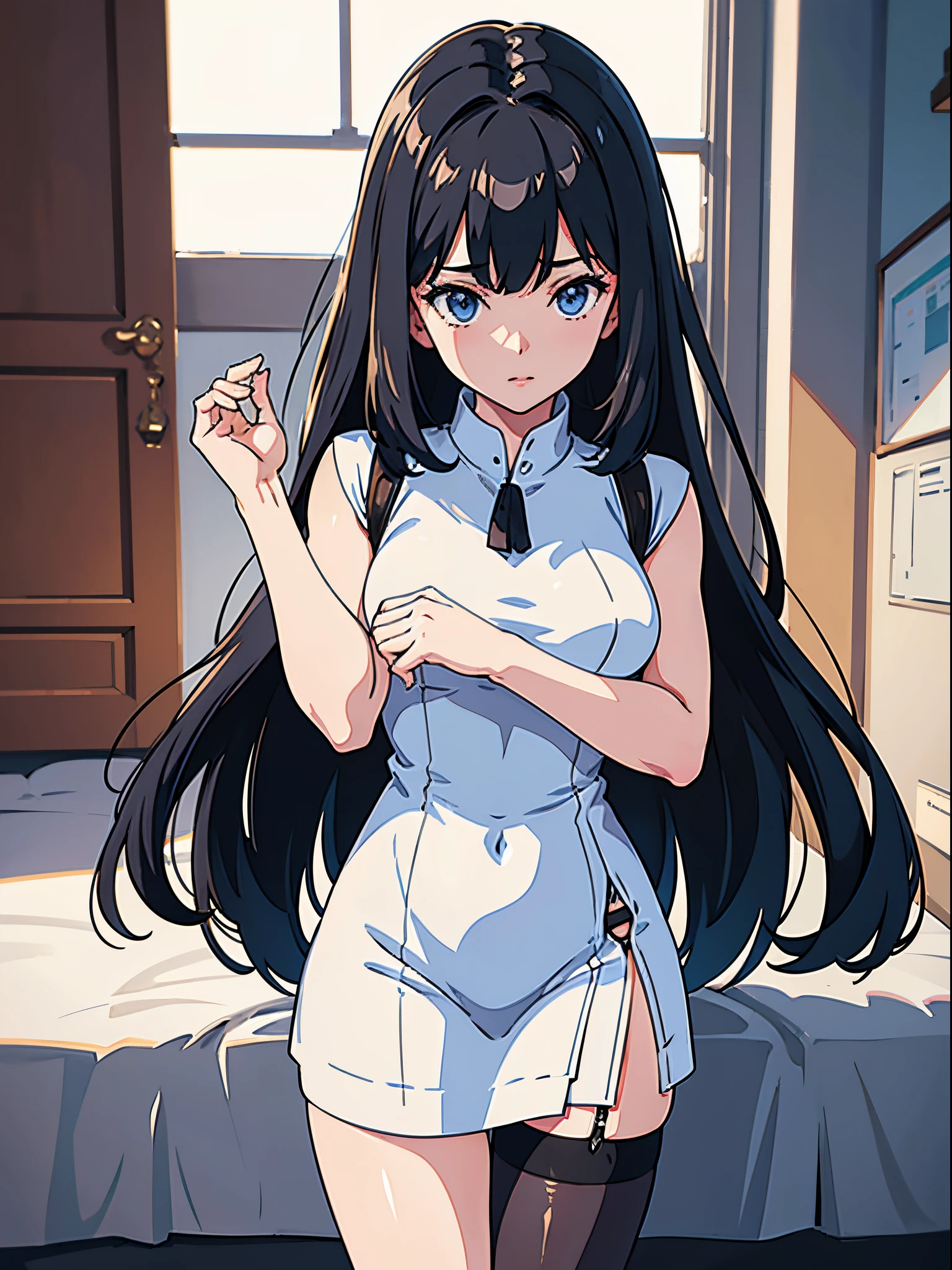 A woman wearing a white backless dress，He wears black stockings on his legs，Exposing the abdomen，The figure is good，The head is not ，The is very detailed[ 4K realism ]!!, [ 4K realism ]!!!, [ 4K digital art ]!!, Realistic shadow perfect body, realisticlying!!!!!!! art-style, photorealistic anime, by Shitao, Popular topics on cgstation, Casual pose, realistic anime 3D style