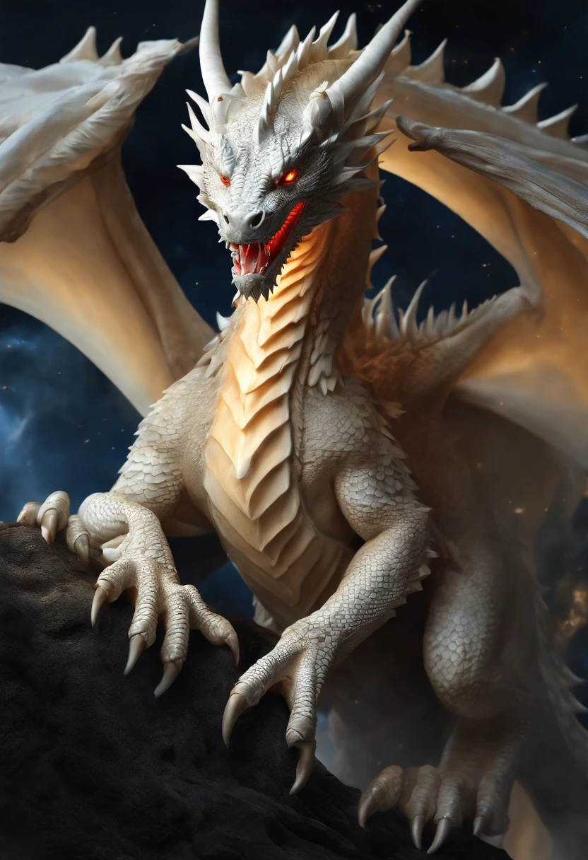 Create a white and gold dragon that is very strong and ruthless, that has a trail of shiny black smoke and is very imposing..