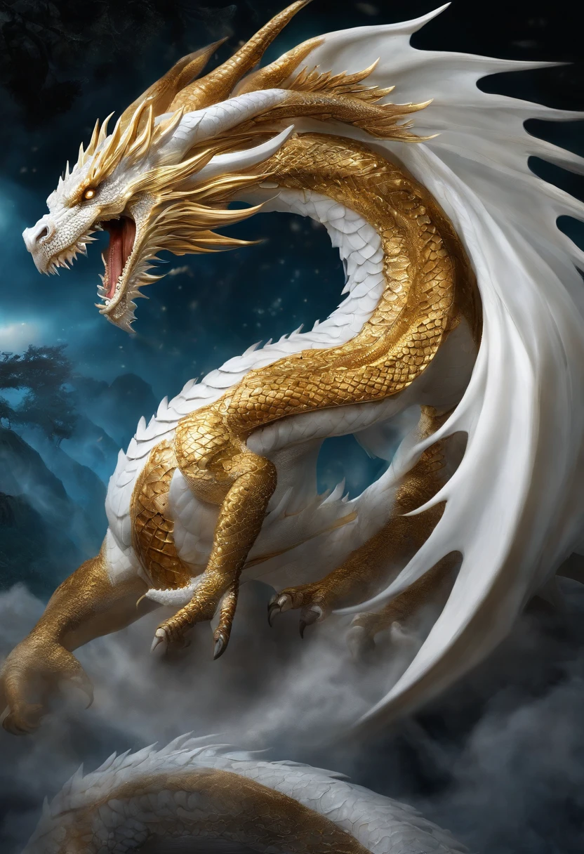 (White Celestial Dragon) ..com (penetrantes ojos azules),Primer plano soltando (Fuego de sangre) por la nariz,EscUnfortunately bulumetric,Alta calidad,8k,Muchos detalles,Paticulas de Fuego,Desgraciadamente,4 patas,Garra manchada,oro,peligro,fuego,dientes afilados,giant dragon,Colosal,amenazadoramente,Imponente,Escamas doradas