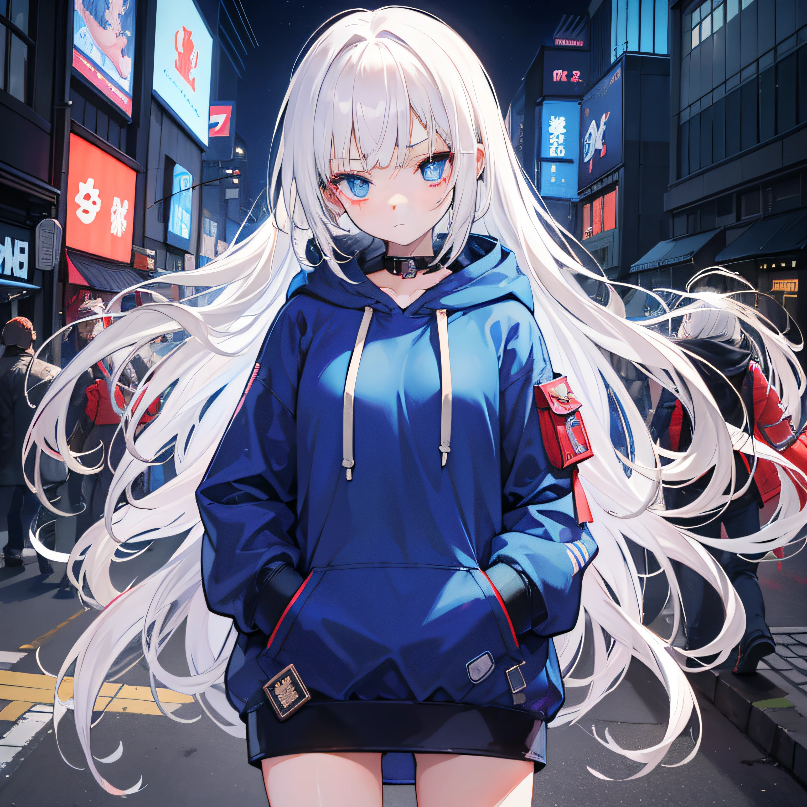 1girll, Small breasts,stitched face, patchwork skin, Closed mouth, long_hair, cold face,city,Street, White hair, ,stitched_Face,Patchwork_skin,Cowboy Shot,( Hoodie),(hands on pockets),Please wear a sweatshirt underneath、Japan holding the sword quietly、Japan sword is enveloped in blue flames、