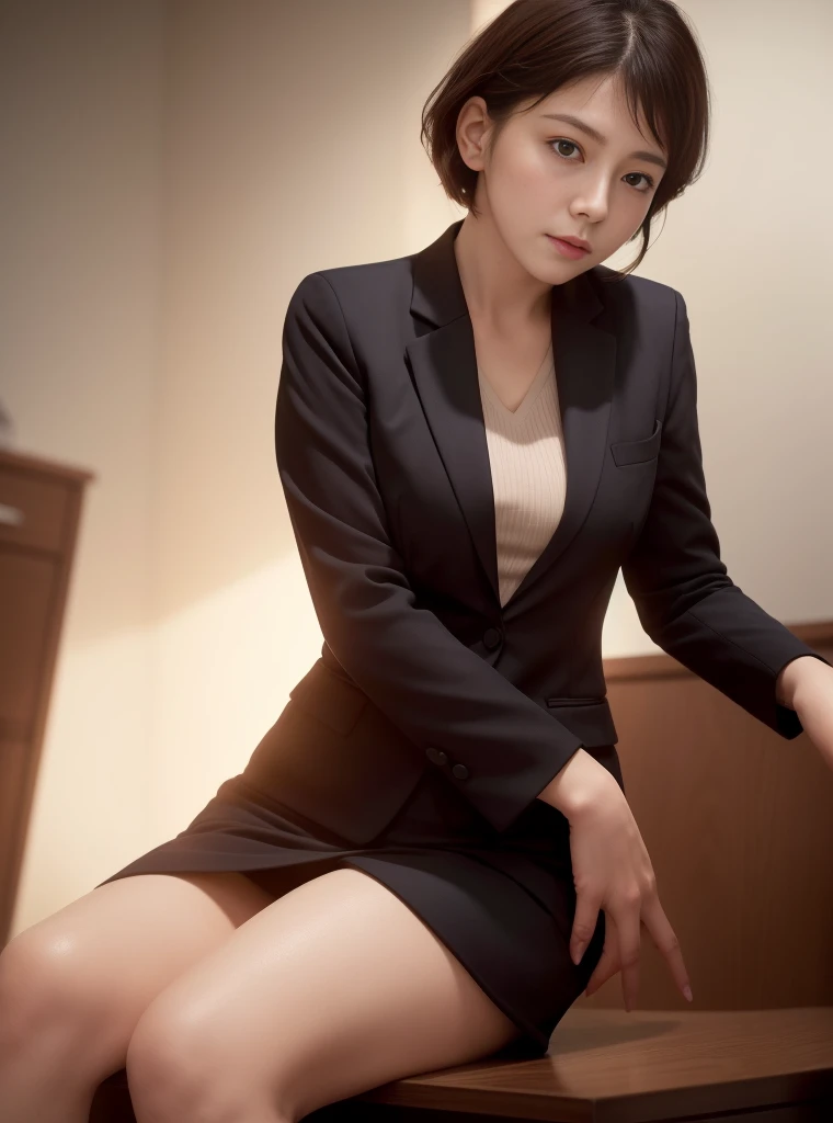 Unbeatable masterpiece, super realistic 8K, Perfect Artwork, Perfect female figure,Dramatic shadows,Ray tracing)，Stewardess:，barechested，blackstockings，short detailed hair，in a office，Seen from the side，leaning against table，(I was touched by an old man in a suit:1.5)，(Beautiful legs:1.2)，Nice leg line，small tits，fatty hips，Desire for sex，Reddened face，weeping，confused eyes