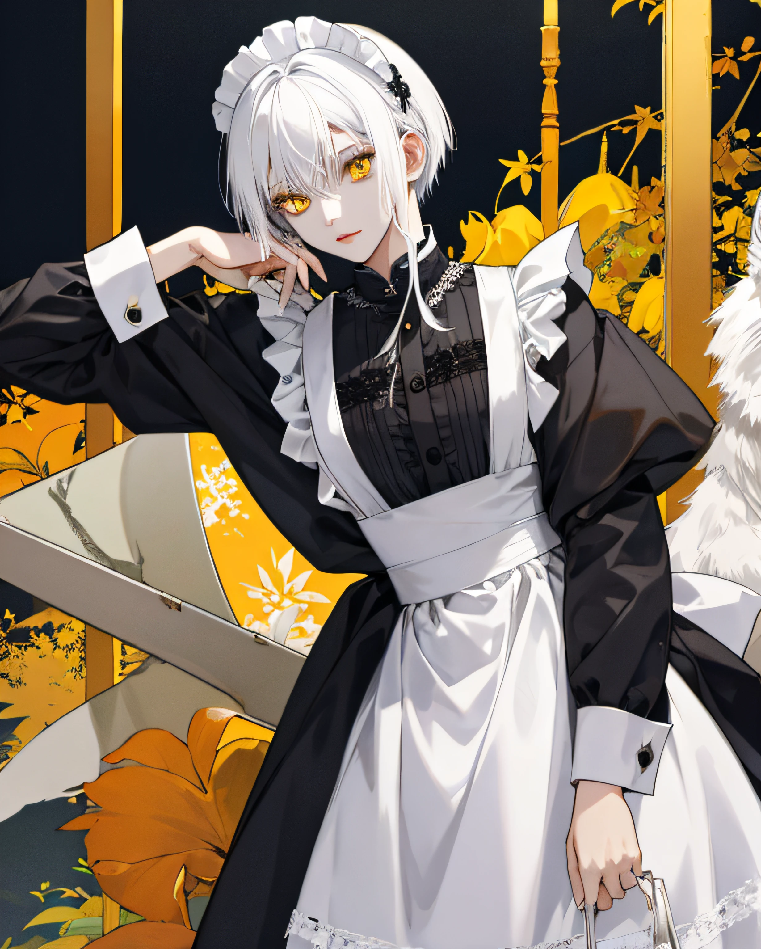 Wolf-cut girl with white hair and yellow eyes.、Wearing maid clothes