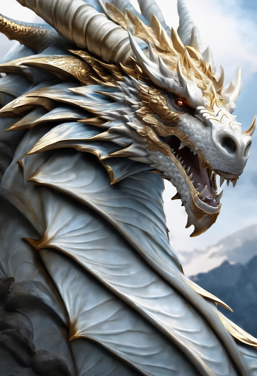 (White Celestial Dragon) ..com (penetrantes ojos azules),Primer plano soltando (Fuego de sangre) por la nariz,EscUnfortunately bulumetric,Alta calidad,8k,Muchos detalles,Paticulas de Fuego,Desgraciadamente,4 patas,Garra manchada,oro,peligro,fuego,dientes afilados,giant dragon,Colosal,amenazadoramente,Imponente,Escamas doradas