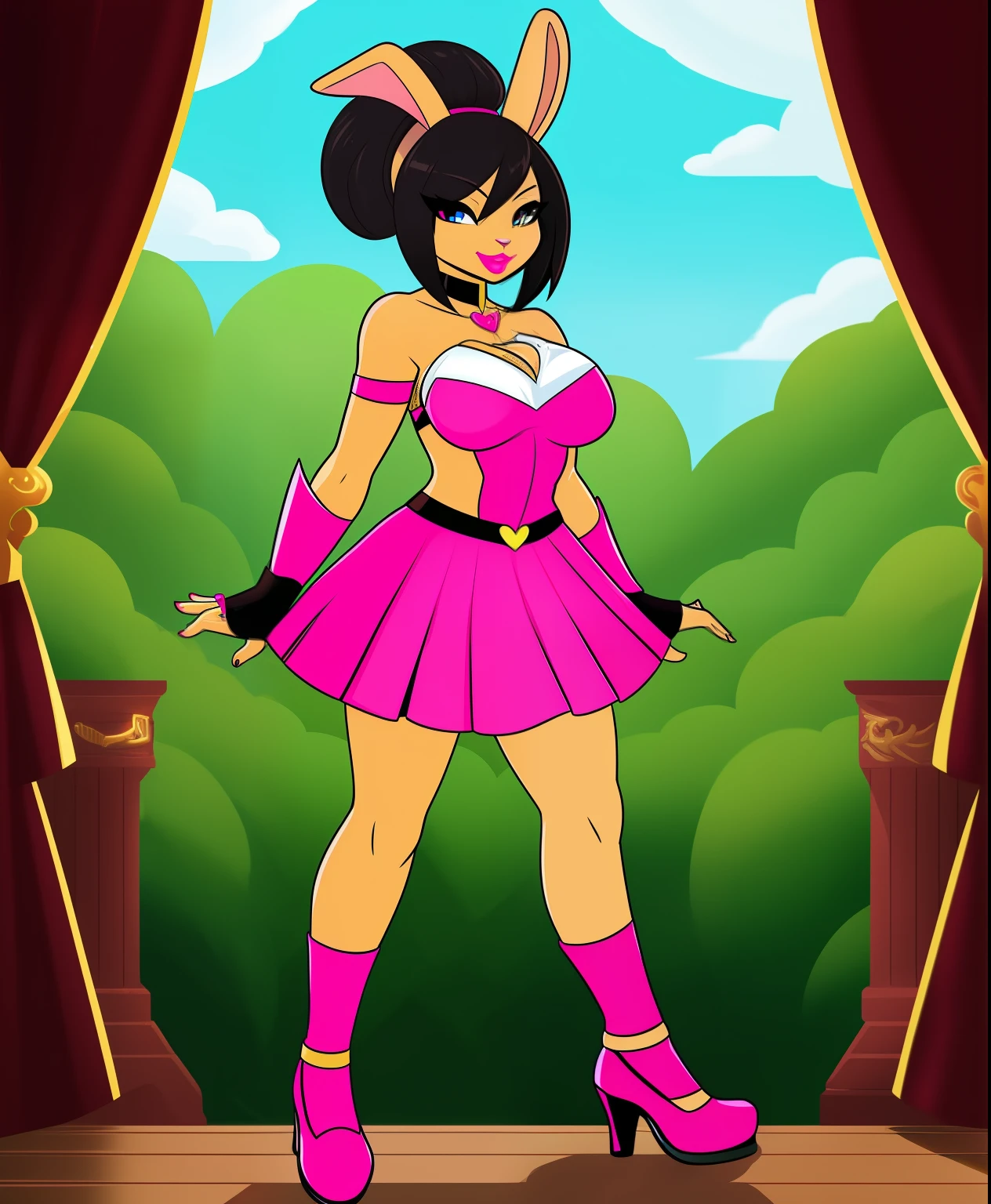 Diehart the female brown rabbit supervillain, black bun hair, heart covering her chest, pink skirt golden arm gauntlets, ladies shoes, pink lipstick, full body view