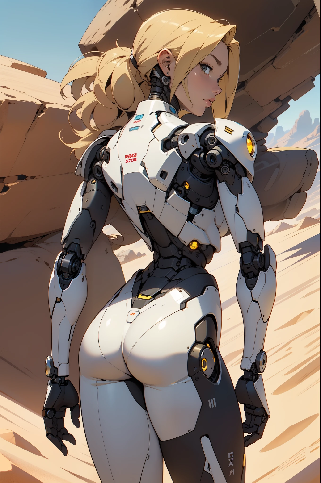 high quality, 4k, masterpiece, beautiful, cyborg girl, cowboy shot, dull eyes, back side, turning around to look at viewer, long blonde hair, girl, small breasts, fit thigh, robotic arms, robotic body, cyborg body, yellow accent, red accent, intricate detail, joint, detailed lines, robotic detail, 1fist on hip, color robotic parts, robotic parts with color, perfect fingers, on a desert planet, sunny background, colorful desert,