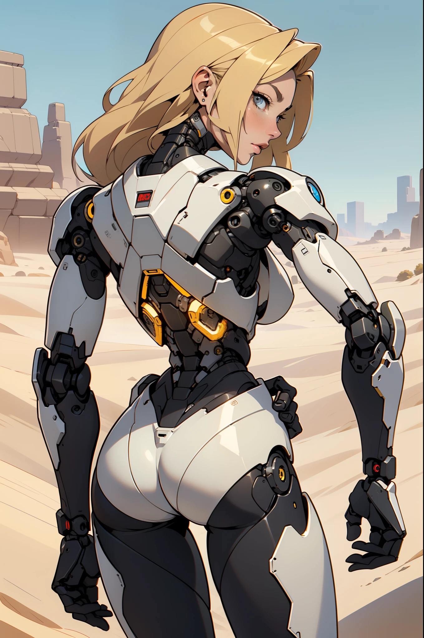 8K, 4k, highest quality, High resolution: 1.2), (masterful, realistic, Photoreal: 1.4), 1 woman,  Older sister's atmosphere、beautiful face, she has a bright smile、Shining Lipin Eyes, beholder, Fair skin, white skin: 1.5), Fine complexion, big, big,  blonde hair、headband bangs, ,  young, s asack-view、big ass、super breasts、H cup、lower hair、Rear view、exposed nipples、T-back that digs into your butt、wear a white thong、emphasize the buttocks、white collar thong、cute long hairstyle、wear high heel boots、A woman standing in front of a giant robot、There&#39;s a giant robot standing in the background、A female partner robot is next to you.、she&#39;s in the hangar、wearing an arm cover、I'm not wearing anything、Have an assault rifle、Hold an assault rifle