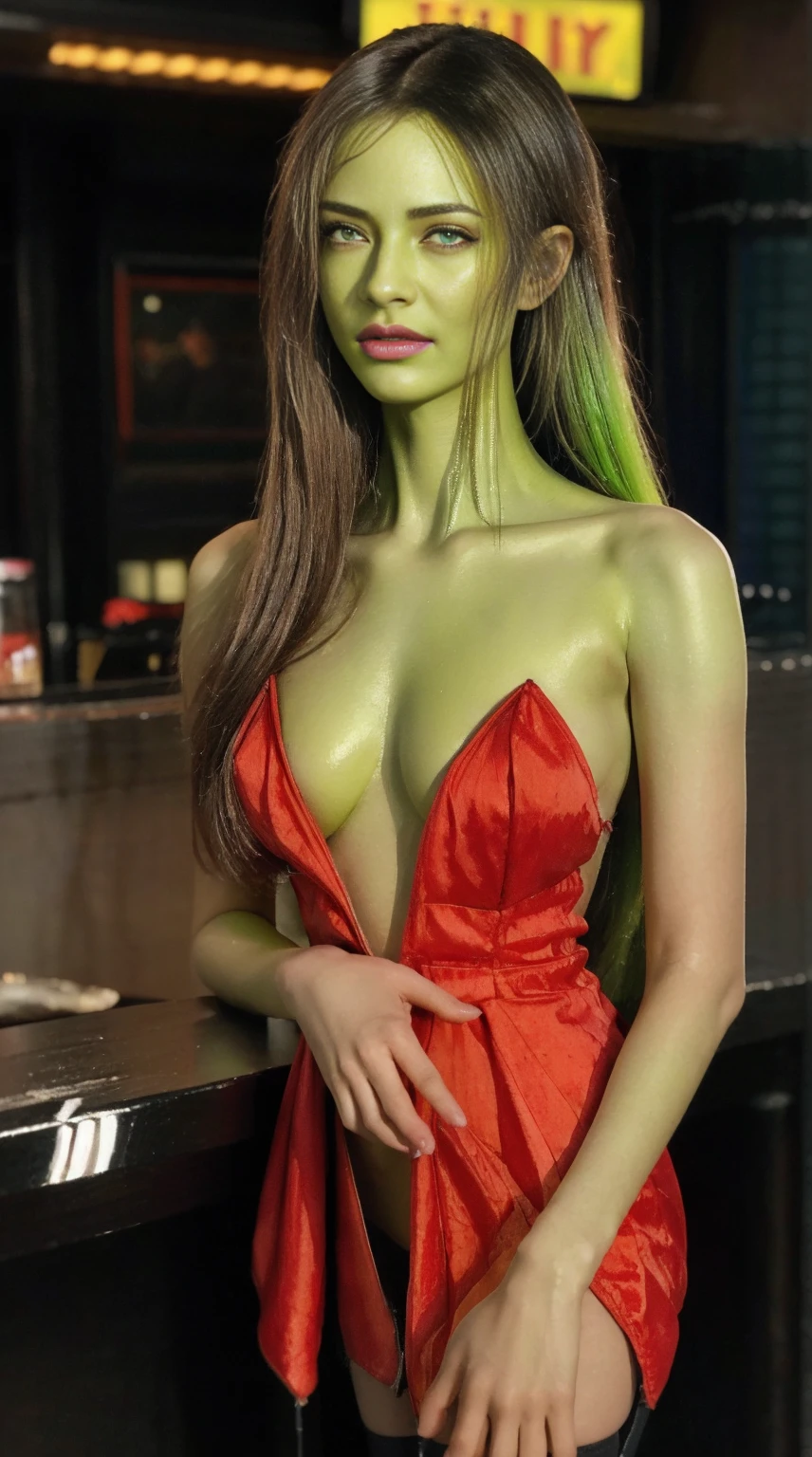 1girl, sexy githyanki, (green skin:1.4), cyberpunk, blacl long straight hair, orange eyes, pointy ears, (cyberpunk red mini dress:1.4), (stockings:1.2), (cyberpunk high heels:1.2), belt, medium breasts, athletic, sitting in the cyberpunk bar, red lipstick, eyeliner, highly detailed face and eyes, best quality, masterpiece, realistic, anatomically correct, stunning details, intricate details, 8k post-production, high resolution, super details, trending on ArtStation, sharp focus, depth of field f/1.8, studio photos