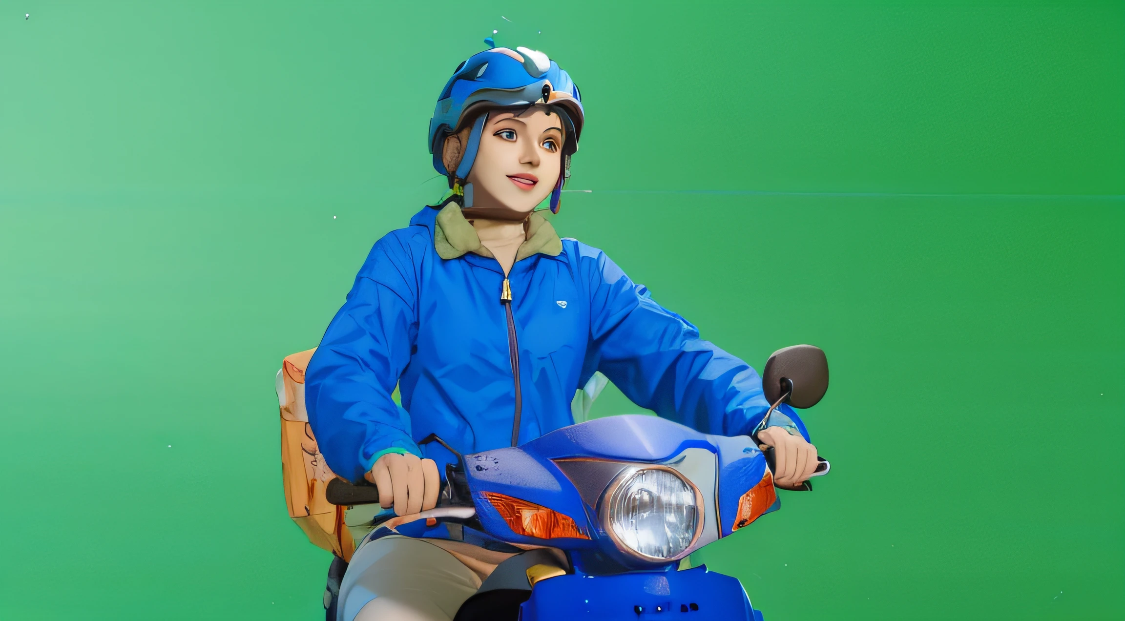 a sketch anime girl with smiling face, who wearing blue jacket and blue helmet, she riding a blue motorcycle, looking in her hand