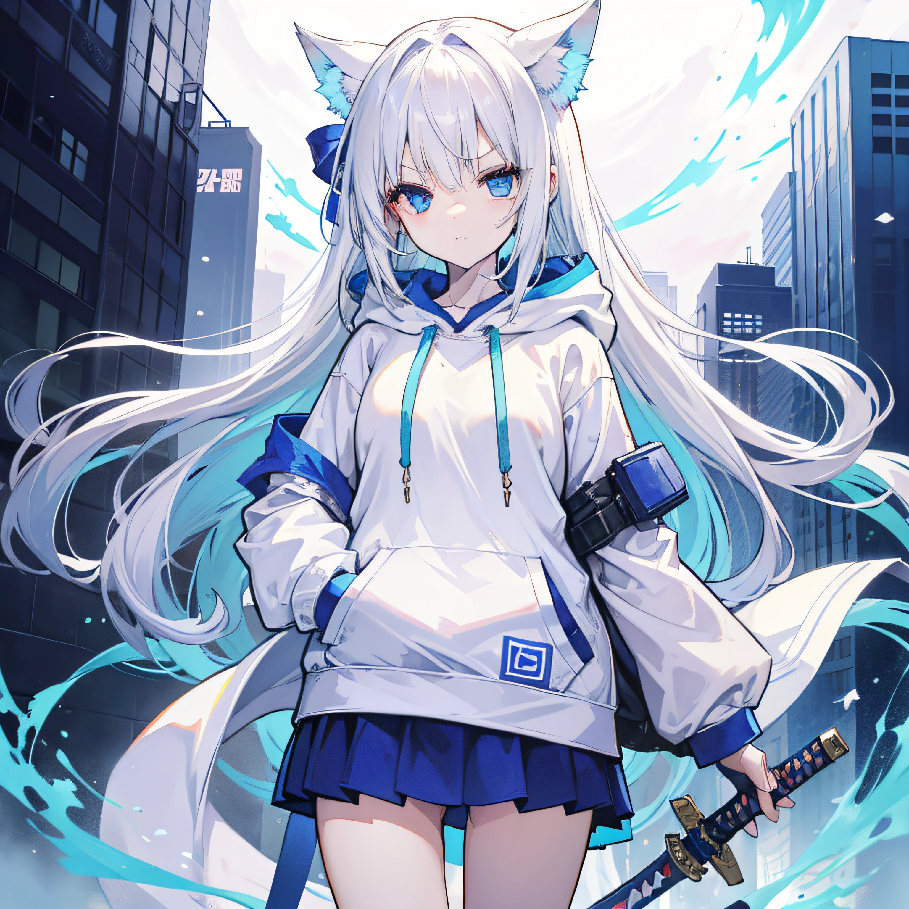 1girll, Small breasts,stitched face, patchwork skin, Closed mouth, long_hair, Cold Face,city,Street, White hair, ,stitched_Face,Patchwork_skin,Cowboy Shot,( Hoodie),(hands on pockets),Please wear a sweatshirt underneath、Japan quietly holding a sword、Japan sword engulfed in blue flames、Quietly wielding a Japan sword on the fantastic lakeside、White hoodie、hoods、Blue eyes、a miniskirt、Cute little girl s、slender、Crisp eyes、Filigree、hiquality、animesque、Sword posture、blue aura、Fantastical