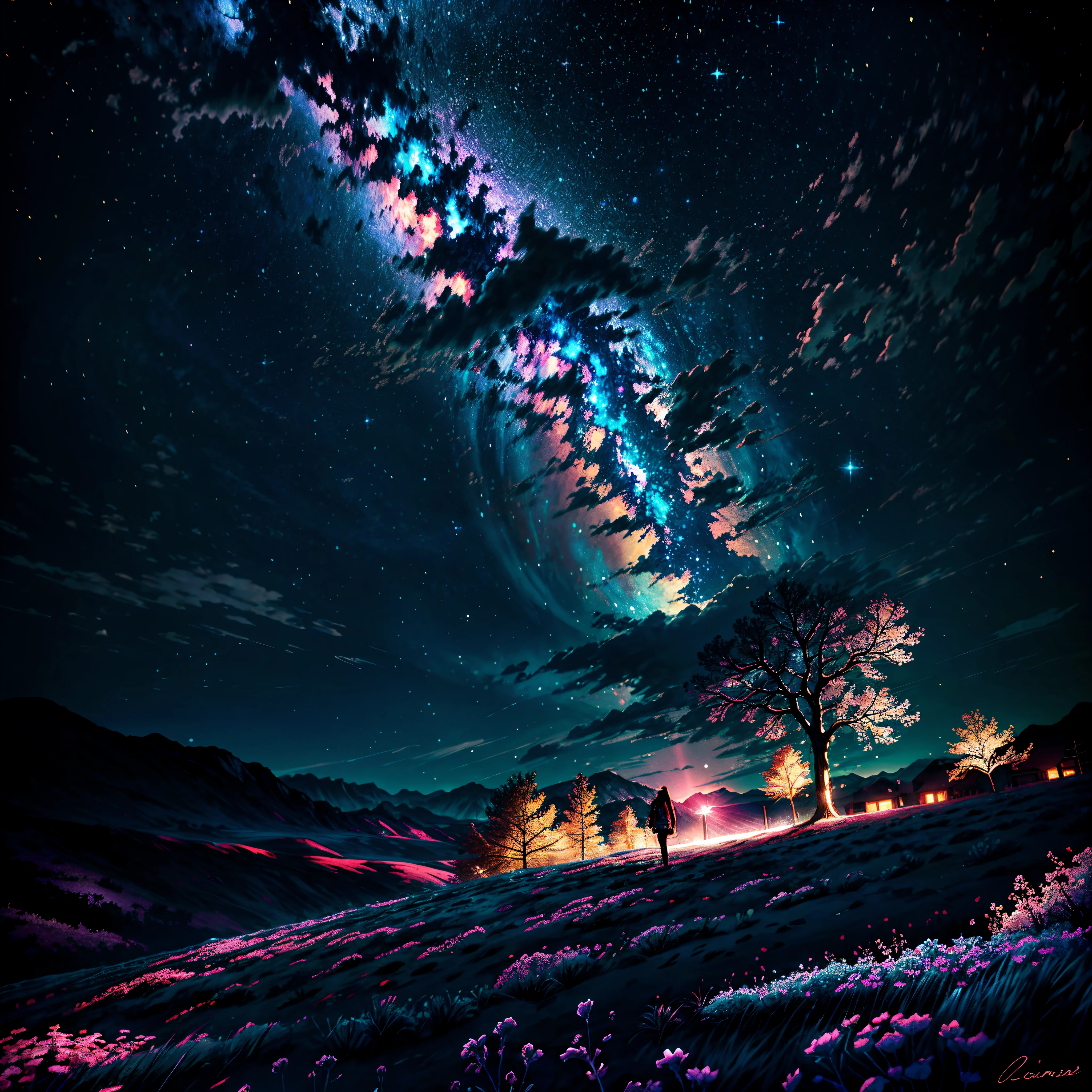 Fotografia de paisagem expansiva, (View from below with a view of the sky and desert below), Girl standing in a field of flowers looking up, (lua cheia: 1.2), (estrela cadente: 0.9), (nebulosa: 1.3), montanha distante, tree breaking production art, (fonte de luz quente: 1.2), (vagalume: 1.2), bulb, roxo e laranja, detalhe intrincado, volume lighting BREAK (obra-prima: 1.2), (mais alta qualidade), 4k, ultra-detalhado, (Dynamic configuration: 1.4), detalhes altamente detalhados e coloridos (iridescente: 1.2), (Sparkling lighting, Atmospheric Illumination), sonhador, magica, (solo: 1.2), 32k