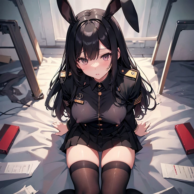 沒穿內褲、masturbation,pussy juice,orgasm,A woman with rabbit ears wearing a black military uniform skirt、Long Black Hair、Black Knee High Socks、huge tit、Open chest、teats、president’s office