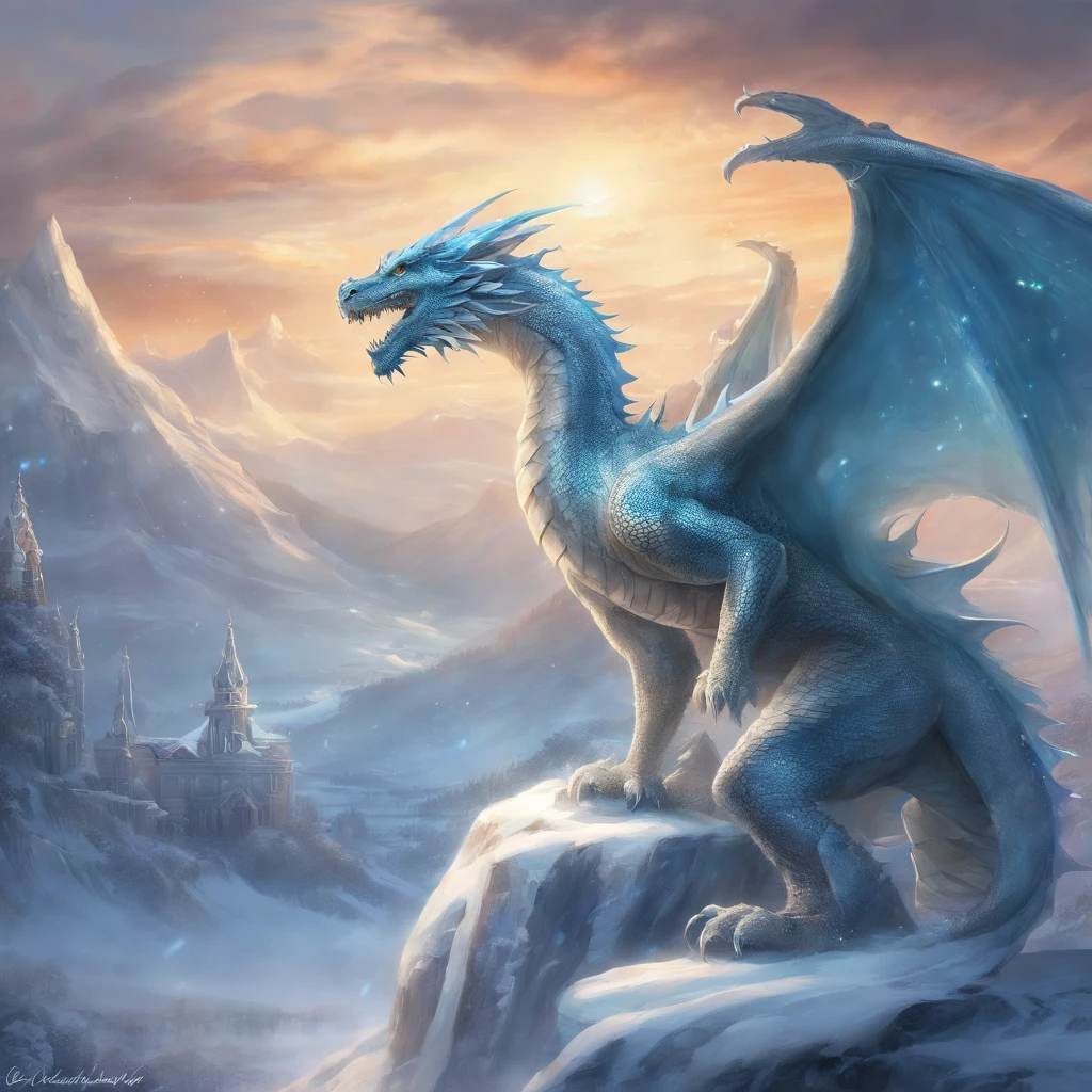 Calidad superior, obra maestra, Ultra detallado, foto RAW, (fotorrealista:1.4), In the realm of fantasy, a magnificent white dragon crossed the skies. Sus enormes alas, like shining sheets of frost, carried him effortlessly through the air. Sus escamas eran de un blanco brillante y puro., brillando con un resplandor de otro mundo que reflejaba la luz como mil diamantes.the eyes of the dragon, as cold and blue as glacial ice, He had ancient wisdom and a touch of benevolence.. Su largo, cuerpo sinuoso curvado con gracia mientras se deslizaba, y su cola, adorned with sharp icicle-shaped spikes, behind like a frozen comet.Con cada batido de sus alas, The dragon exhaled an icy breath that crystallized into intricate frost patterns in the air... Era una criatura de poder y gracia., a guardian of the frozen kingdoms, and his presence in the heavens filled the hearts of all who saw him with awe and wonder.. Estilo europeo, Pale lighting, noche, Profundidad de campos