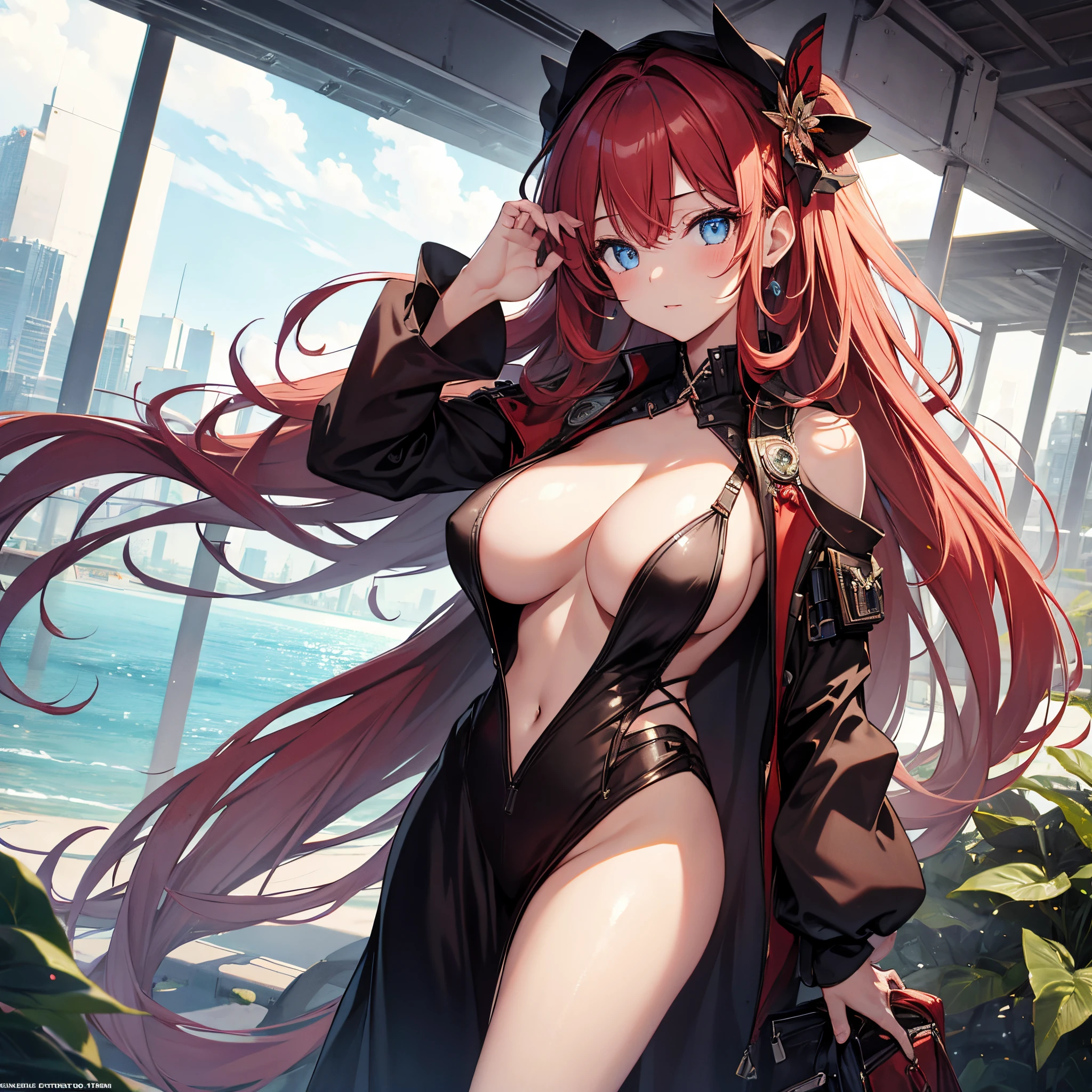 masterpiece, best quality, high resolution, 1girl, big tits, cleavage, beutiful eyes, perfect body, red