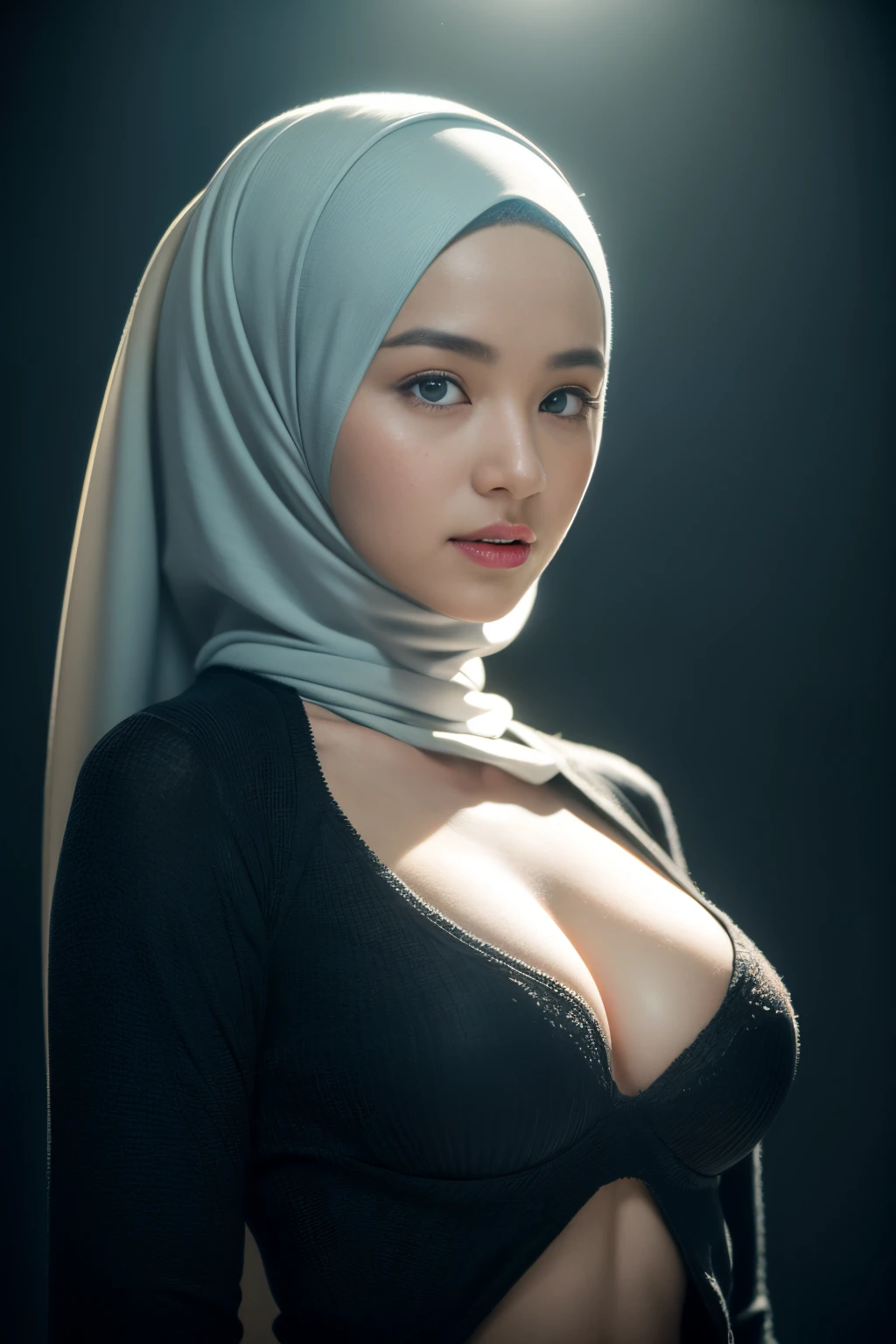 massive breasts, mongolian, (((hijabi))), cleavage, reflection light, chiaroscuro, depth of field, cinematic lighting, ray tracing, Sony FE GM, UHD, super detail, masterpiece, textured skin, high details, best quality, award winning,3D,hdr(HighDynamicRange),Ray traching,NVIDIA RTX,Hyper-Resolution,Unreal 5,Subsurface scattering、PBR Texture、post-proces、Anisotropy Filtering、depth of fields、maximum definition and sharpness、Many-Layer Textures、Albedo e mapas Speculares、Surface coloring、Accurate simulation octane rendering of light-material interactions、Two-colored light、largeaperture、Low ISO、White balance、the rule of thirds、8K raw data