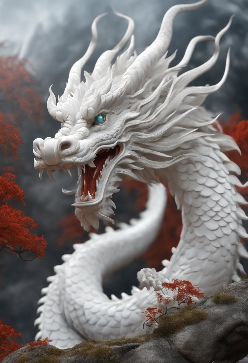 "Very nice 3D rendering of the white Chinese dragon.，Dynamic Representation, Vivid Effects and Details，Calidad de imagen superior，A high resolution，Plethora of colors,　muchas monedas, Tesoro"