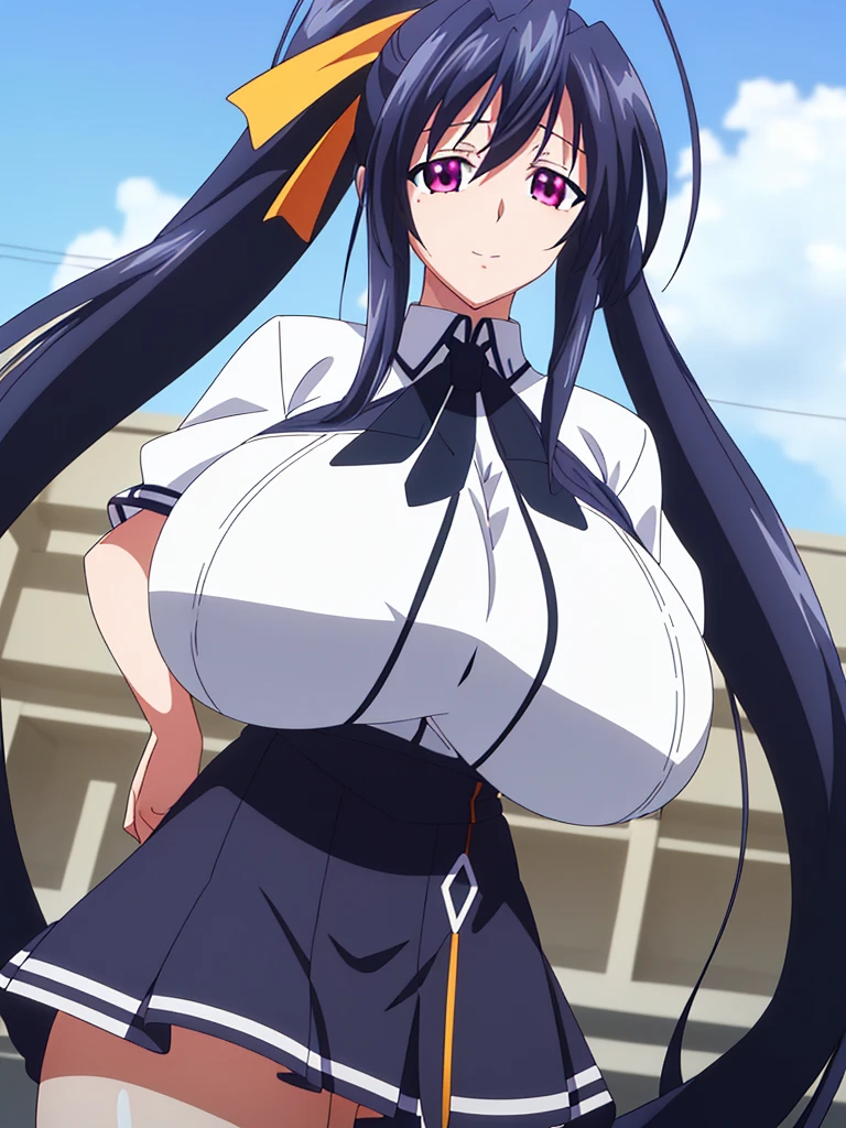 (day), in the school,blue sky with clouds, (Standing at attention), Black_cape,Black neckwear,white shirt,short_sleeves, sailor_collar,Red pleated skirt,school uniform, black hair, pink eyes, Very Long Hair,hair_between_eyes,ponytail,Yellow_hair_ribbon, 1 girl, 20yo,Young female,Beautiful Finger,Beautiful long legs,Beautiful body,Beautiful Nose,Beautiful character design, perfect eyes, perfect face,expressive eyes, looking at viewer,(Upper_body),(Focus on her face), official art,extremely detailed CG unity 8k wallpaper, perfect lighting,Colorful, Bright_Front_face_Lighting,shiny skin, (masterpiece:1.0),(best_quality:1.0), ultra high res,4K,ultra-detailed, photography, 8K, HDR, highres, absurdres:1.2, Kodak portra 400, film grain, blurry background, bokeh:1.2, lens flare, (vibrant_color:1.2) (Beautiful,large_Breasts:1.6),(big boobs:1.6),(gigantic boobs:1.6),(massive breast:1.6),(beautiful_face:1.5),(narrow_waist),