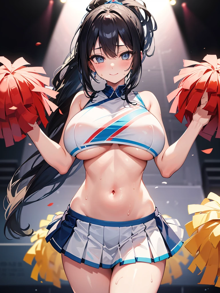 1 girl, K quality, a buxom cheerleader with a sensual smile is blushing, sweaty body, sweat that reflects light, exaggerated enormity of her super huge breasts, dark hair, ponytail hair style, skin tight cheerleading costume, toned stomach, miniskirt, brightly eyes, beautiful eyes, dynamic pose, dynamic angle, masterpiece