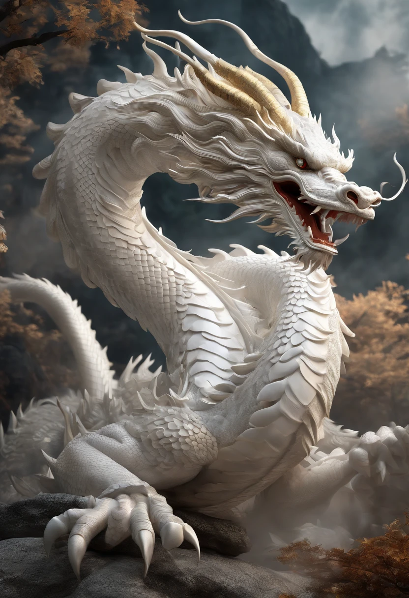 "Very good 3D rendering of the white Chinese dragon，Dynamic Representation, Vivid Effects and Details，Calidad de imagen superior，A high resolution，Plethora of colors,　Lots of coins, tesoro"