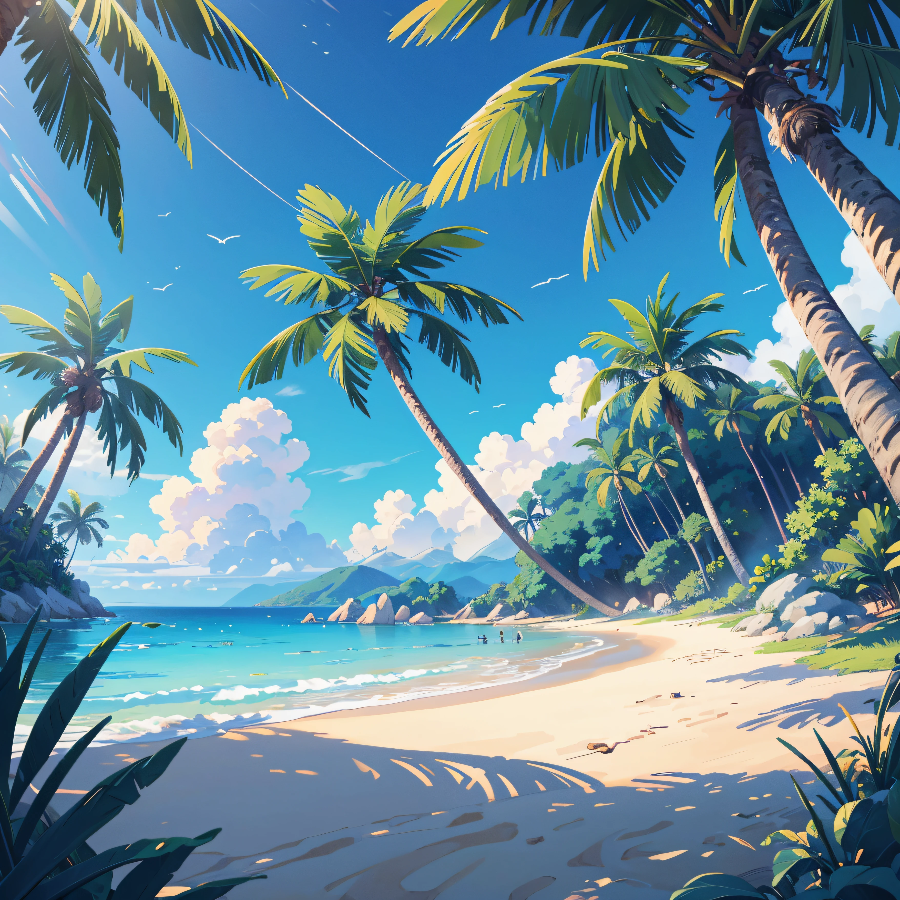 (illustrations : 1.0), Epic composition, photorealistic lighting, HD detail, ​masterpiece, Best quality at best, (Highly detailed CG integrated 8k wallpaper) , blue sky, blue ocean, The sea seen from the coastal forest, palm tree in the middle of the screen