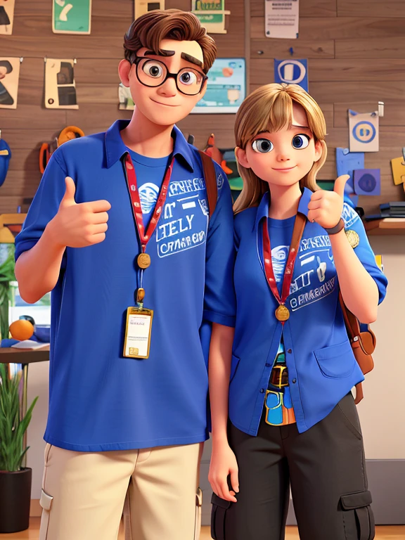 they are wearing blue shirts and giving thumbs up, the man is wearing khaki pants and have Orange shades while the girl is wearing black pants