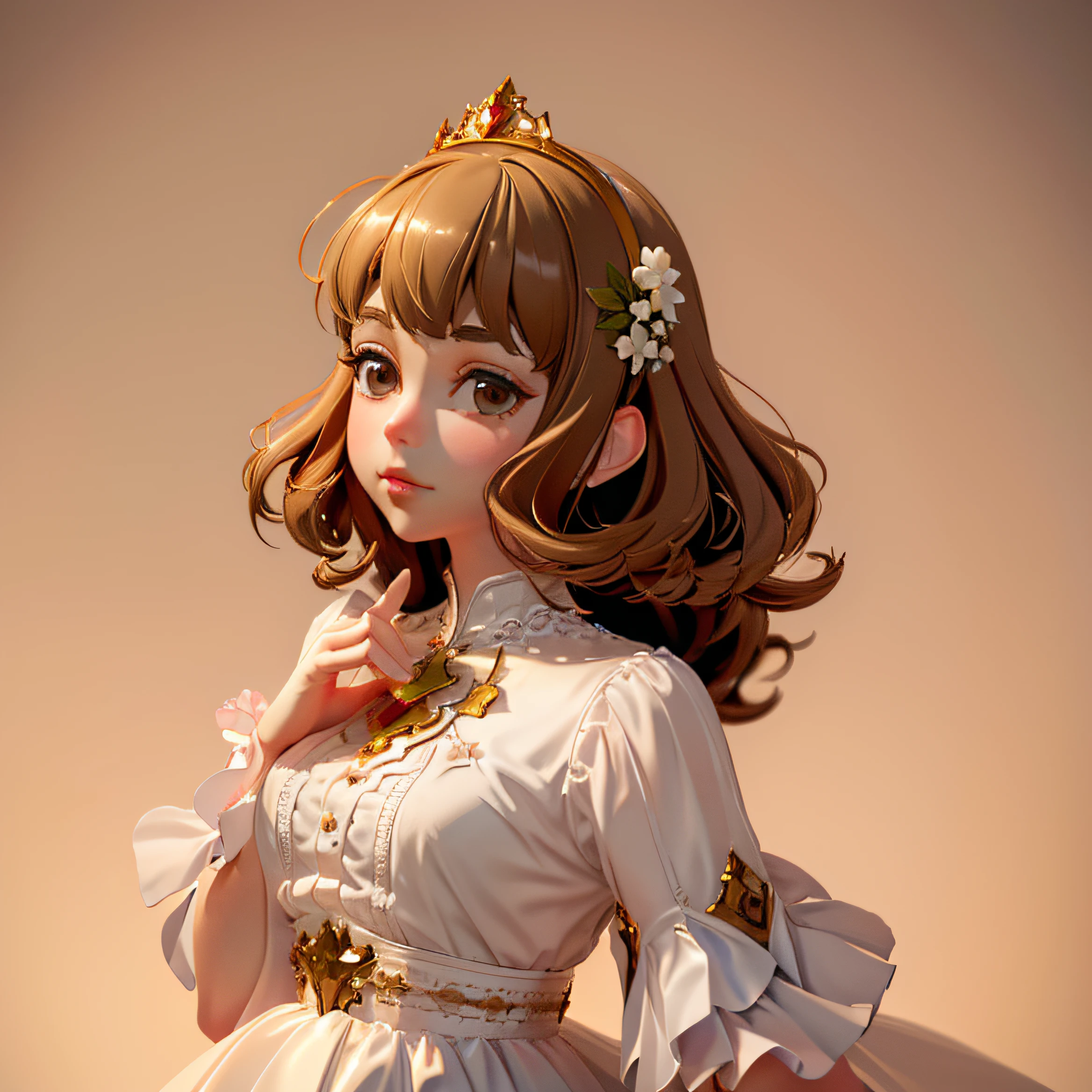 "(Princess,joyful,happily,light brown),illustration,watercolor,flowers,soft tones,white background,(best quality,4k,8k,highres,masterpiece:1.2),ultra-detailed,300 dpi image,high resolution,16k,ultra-high definition,exquisite lighting"