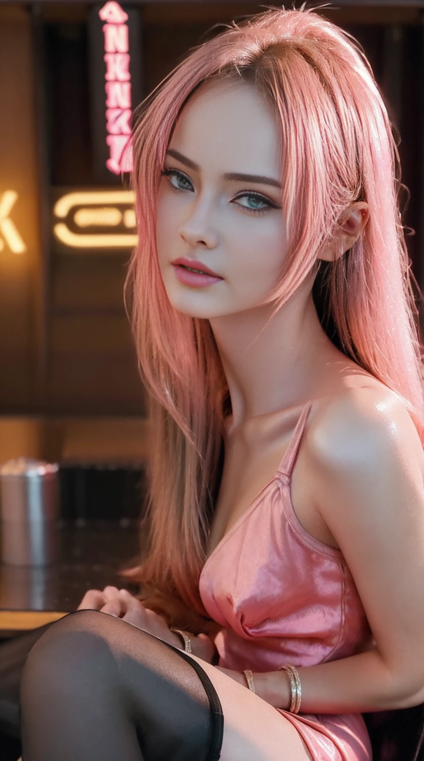 1girl, sexy githyanki, (fair pink skin:1.4), cyberpunk, blacl long blond hair, brown eyes, pointy ears, (cyberpunk red mini dress:1.4), (stockings:1.2), (cyberpunk high heels:1.2), belt, small breasts, athletic, sitting in the cyberpunk bar, dark pink lipstick, eyeliner, highly detailed face and eyes, best quality, masterpiece, realistic, anatomically correct, stunning details, intricate details, 8k post-production, high resolution, super details, trending on ArtStation, sharp focus, depth of field f/1.8, studio photos