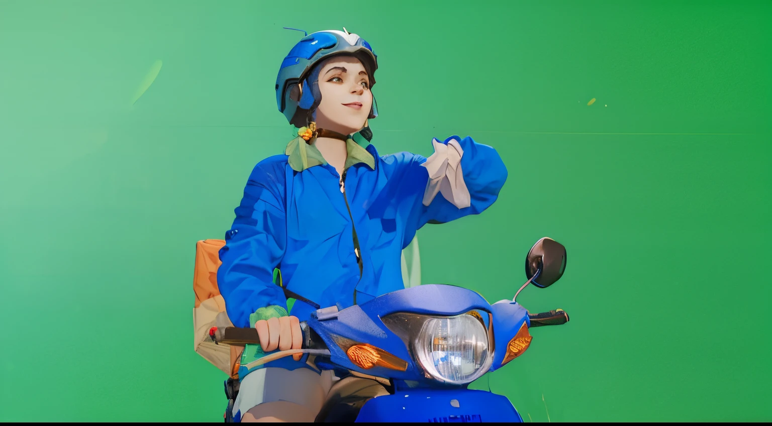 a sketch anime girl with smiling face, who wearing blue jacket and blue helmet, she riding a blue motorcycle, looking in her hand