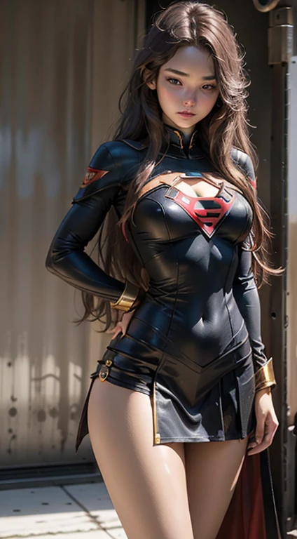 Beautiful woman with long hair, Nominal body, large boobs, breast augmentation, Slim thighs in this Supergirl cosplay outfit with minimal clothing.
