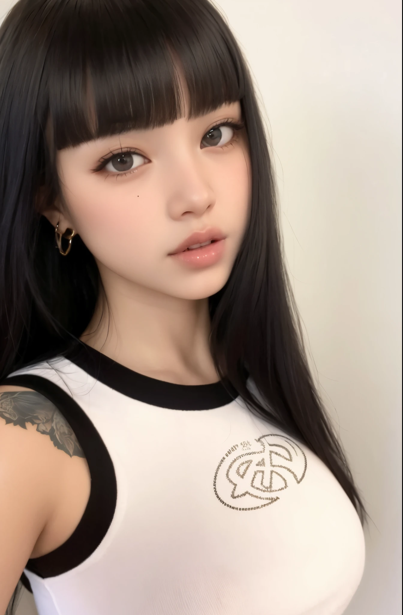 um close up de uma mulher com cabelos longos vestindo uma camisa branca, Ela tem cabelo preto com franja, menina bonito-fino-cara, 🤤 retrato da menina, menina coreana, cruel korean goth girl, Ulzzang, branco hime corte penteado, Lalisa Manobal, com cabelos longos e olhos penetrantes, Menina anime na vida real, preto hime corte cabelo