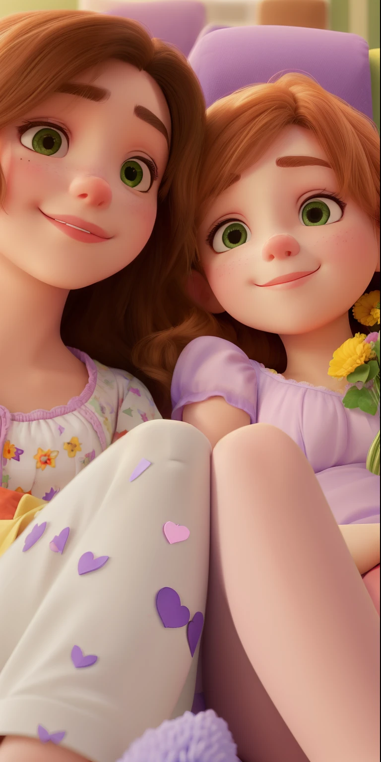 there are two women laying on a couch with purple hearts on their faces, with a kid, very very low quality picture, iphone picture, low quality photo, snapchat photo, blurry image, low quality grainy, scratches on photo, colored photo, with ivy, high quality upload, non blurry, 4 k post, 4k post, profile pic, flowers on heir cheeks
