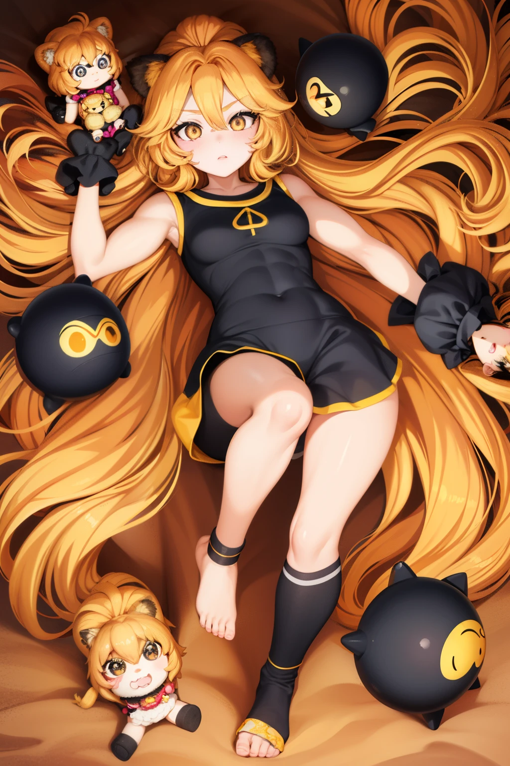 girl, cute lion doll face, Black round eyes , nice face , Round, doll-like face, Muscular body, Yellow skin, full body