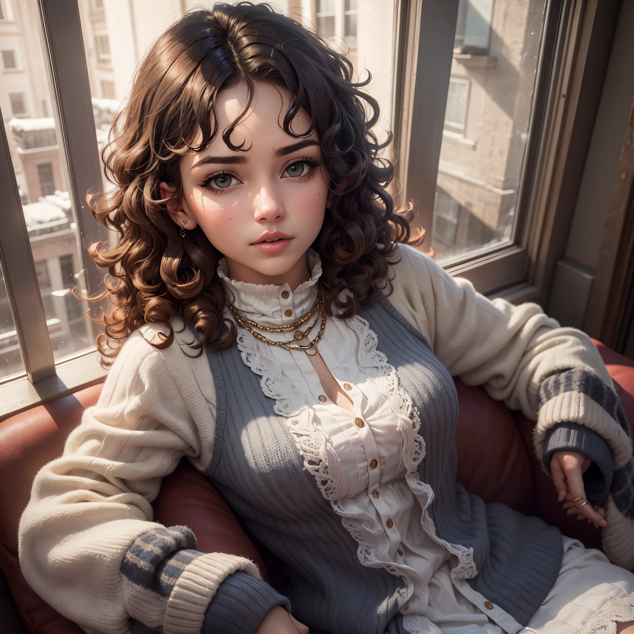 A woman with curly hair sitting on a sofa, winter morning, HD image --auto --s2
