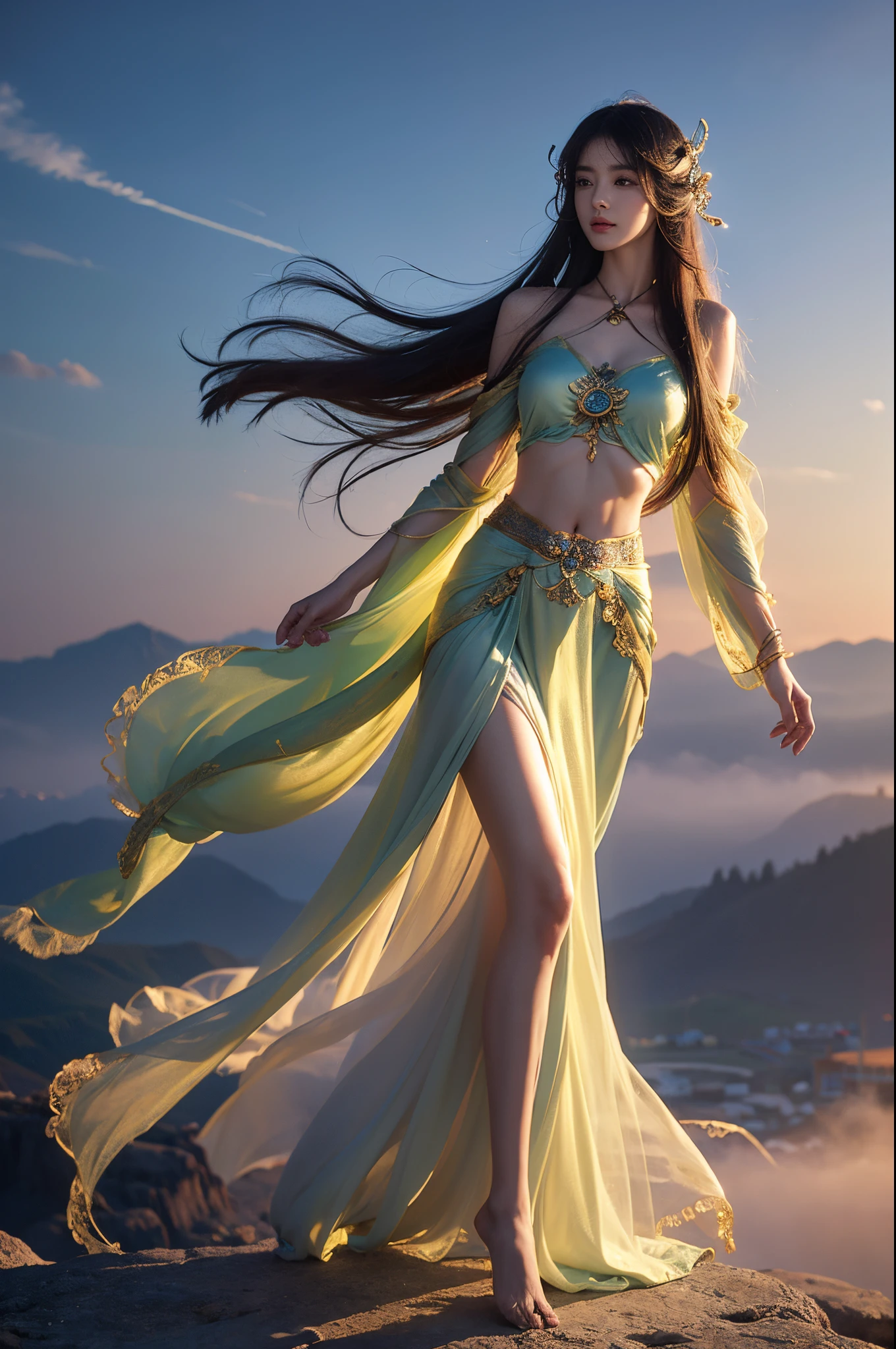 Ancient Chinese woman,goddes,The deities, 25 age old, Handsome and sexy,Silk gauze garment,Fairy costumes,Exquisite jade pendant,Barefoot,Shoulders exposed,exposing your navel,DAY TIME,Beneath your feet is clouds and mist, Flying sideways in the sky,Calm and indifferent, Detailed body, Detailed faces, oily body, A gorgeous one, hyper realisitc, is handsome and charming, heroic look, Long hair flying,Flowing hair,By bangs,The amount of hair is amazing,Flowing hairstyle,ambientlighting,Detailed sky background,surrounded by cloud,Volumetriclighting,cel shadow,8K