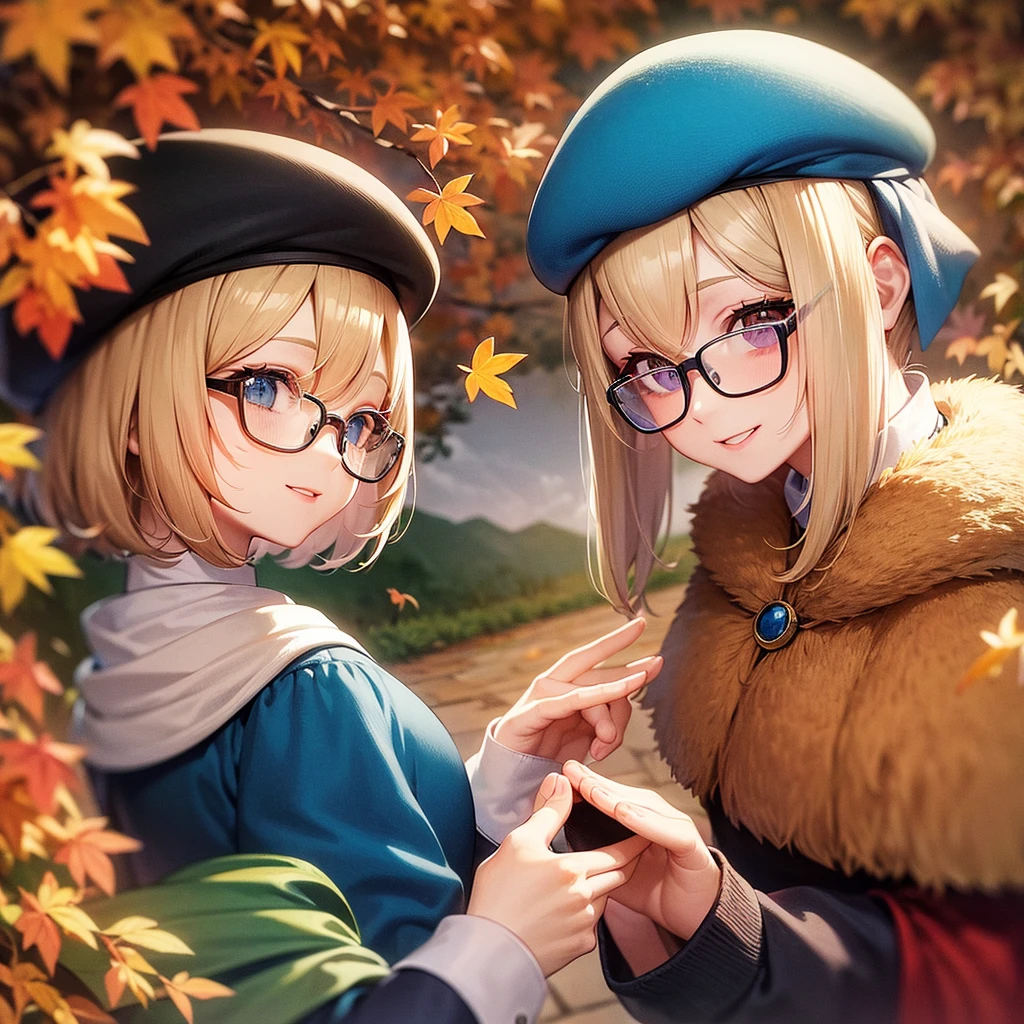 enjoy the autumn leaves in mountain, a one blond bob woman, glasses, head is wear a blue beret, tops is vintage blue knit clothing, smile bewitchingly, side view, masterpiece.