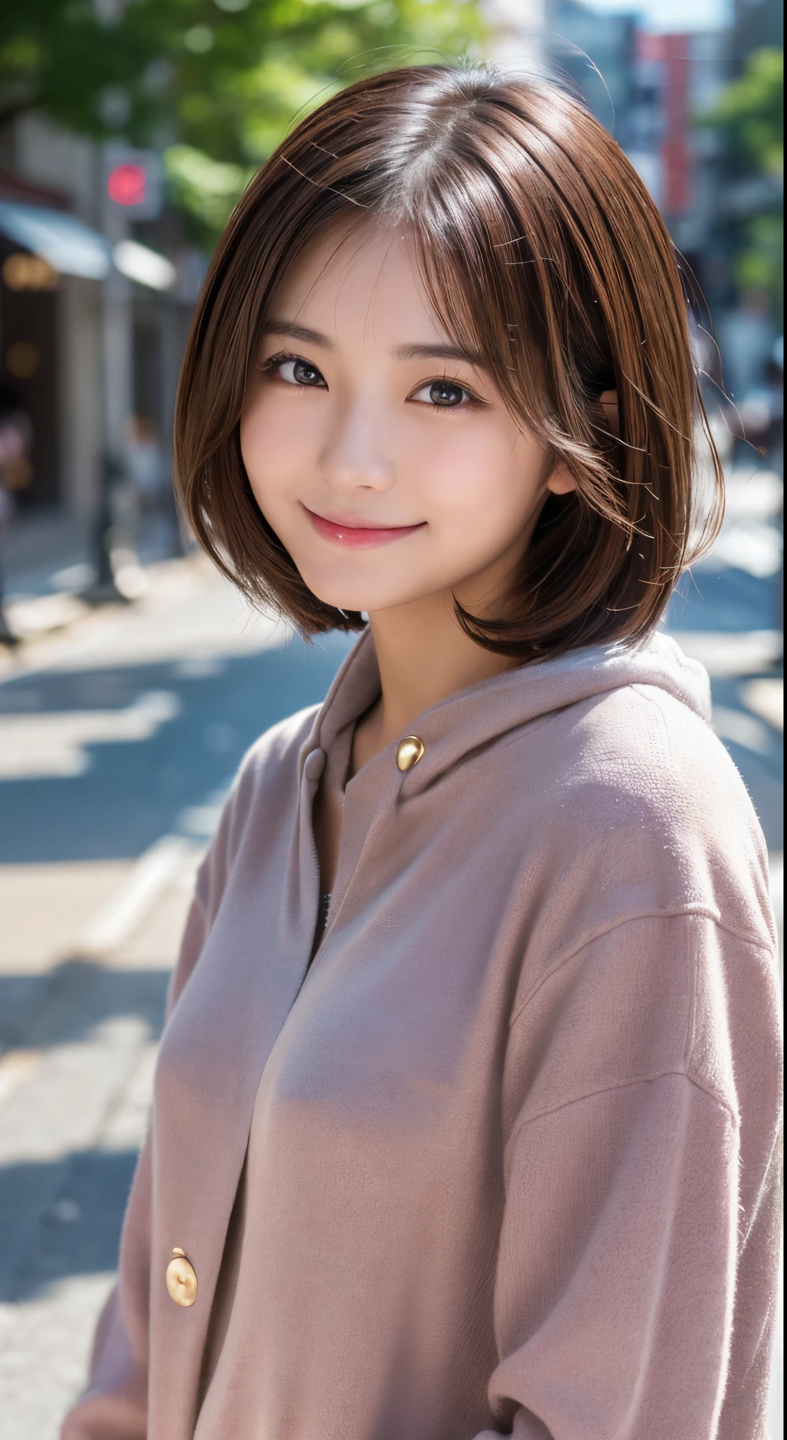 A happy smile looking at this、In the city、(top-quality,8K picture quality,​masterpiece:1.3,),(超A high resolution:1.3,Photorealsitic:1.4,Raw photography:1.2),(ultra-detailliert:1.2,shinny skin,Detailed skin:1.1),(Detailed face,Perfect ???????,Caustics:1.2),,女の子1人,kawaii,japanes,18year old,Japanese ido,Natural brown hair,Curl short hair outward,Pretty eyes,natural make up,bright casual clothes,A smile,Looking at the camera,up on the face,Face Focus,Professional Lighting,natural soft light,