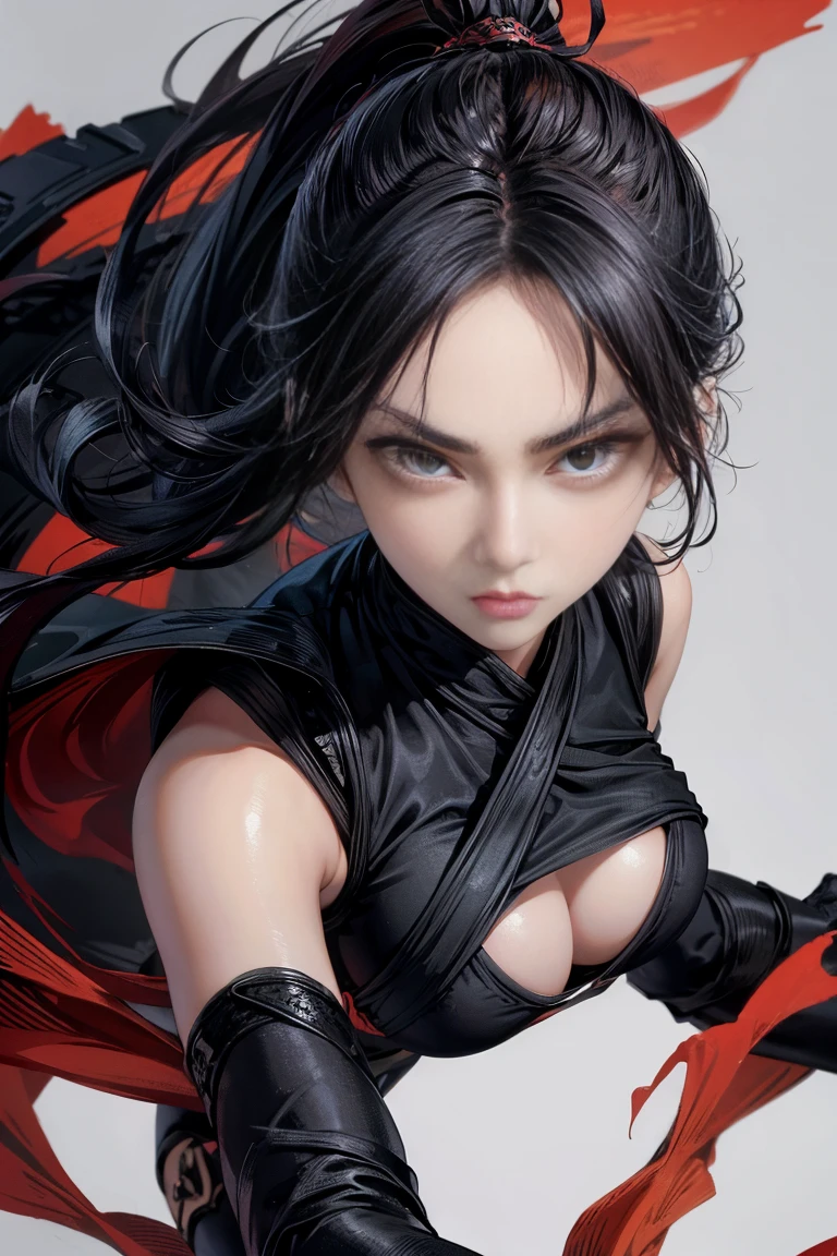 ninja girl, adult, fierce woman, intense gaze, large eyes, dynamic pose, dynamic composition, hips, beautiful, wallpaper, high detailed,