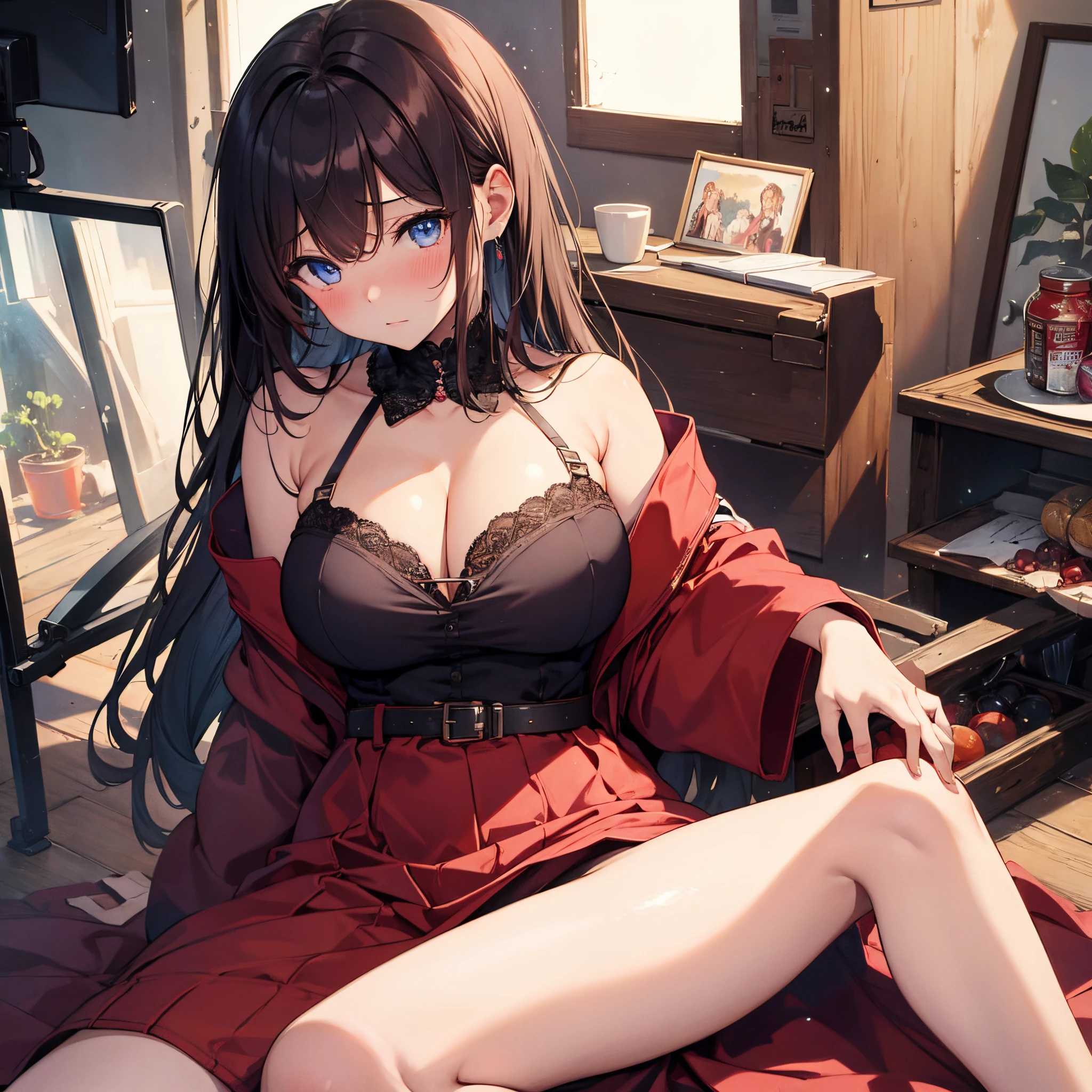 masterpiece, best quality, high resolution, 1girl, big tits, cleavage, beutiful eyes, perfect body, red, blush, embarrassed