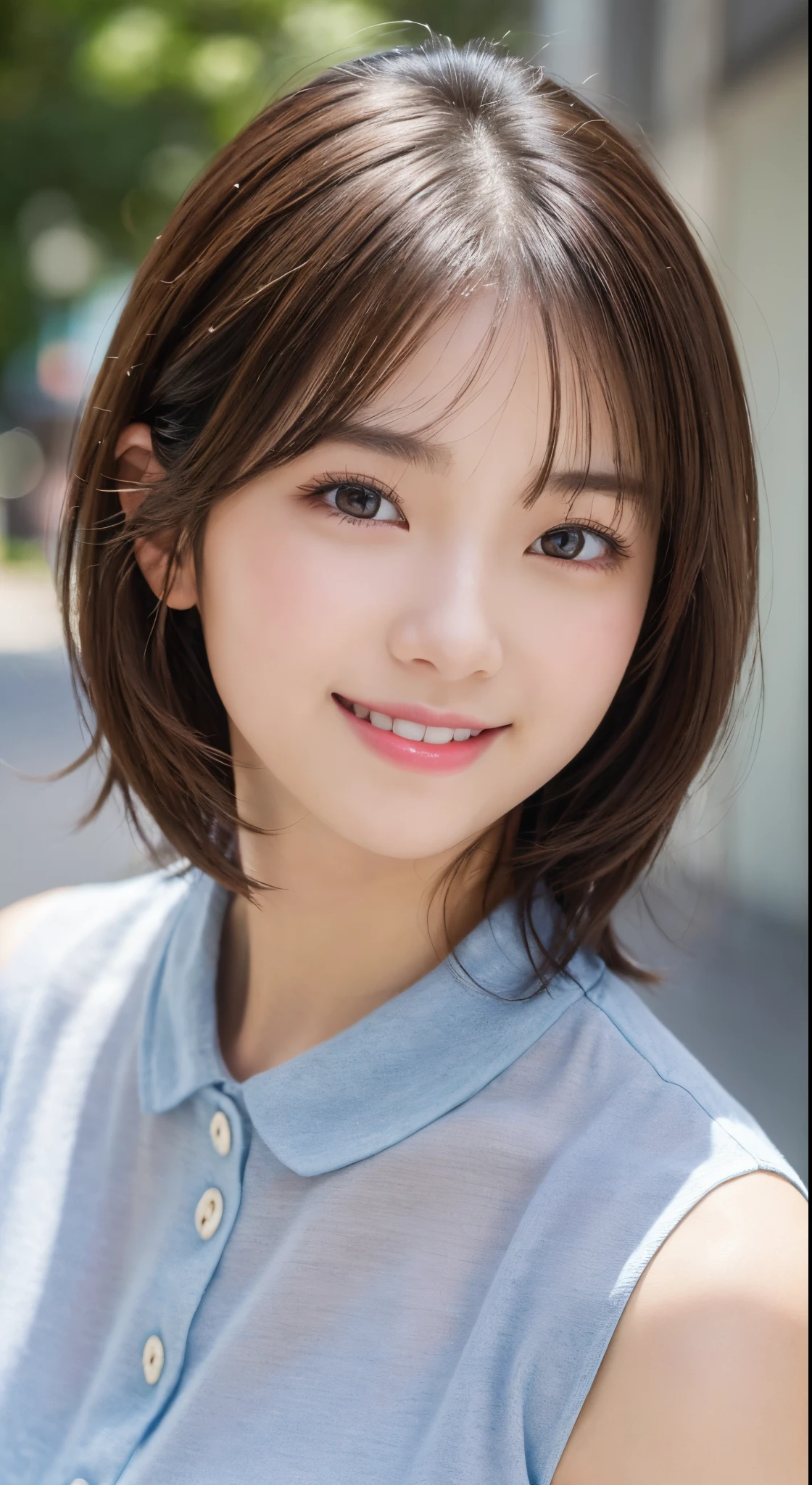 Brown Hair,Medium Hair,20-year-old female, Small nose, With the correct face, Cute natural smile, Japanese facial features, A clean and cute face, Cute realistic portrait, Asian Face, 8K Photo, Soft Makeup,Natural skin texture,Raw photo,highest quality,Full Body Shot,plane