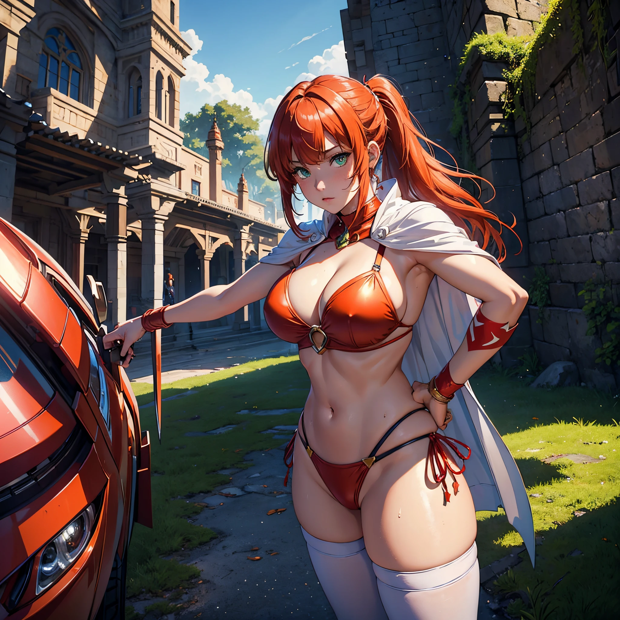 masterpiece, bset quality,detailed and clean eyes, big, hyperdimensional legend Lal, 1girl, emphasizing big, shiny skin, shiny big, 4k, female knight fighting brave monster, 1 girl,(red armor, red thong bikini、white cape、red wristband、red thighhighs、navel) , cleavage, constriction, (orange hair, long ponytail, bangs, green eyes), swords, dungeons with stone walls, background blurred, sweat, blush, shiny hair,