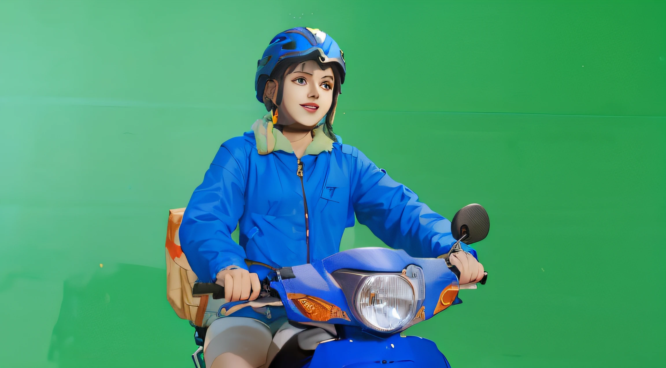 a sketch anime girl with smiling face, who wearing blue jacket and blue helmet, she riding a blue motorcycle, looking in her hand