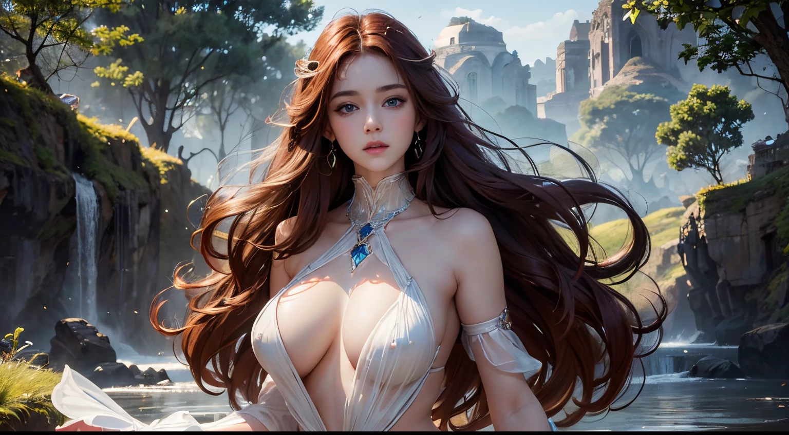 8K high-definition，Natural light exposure，Realistic photos，sexy beauty，Delicate facial features，eBlue eyes，Slim build，Bigchest，Red long-haired，curlies，Stand beautifully，Artistic standing，Transparent luminous large crystal，Transparent glow