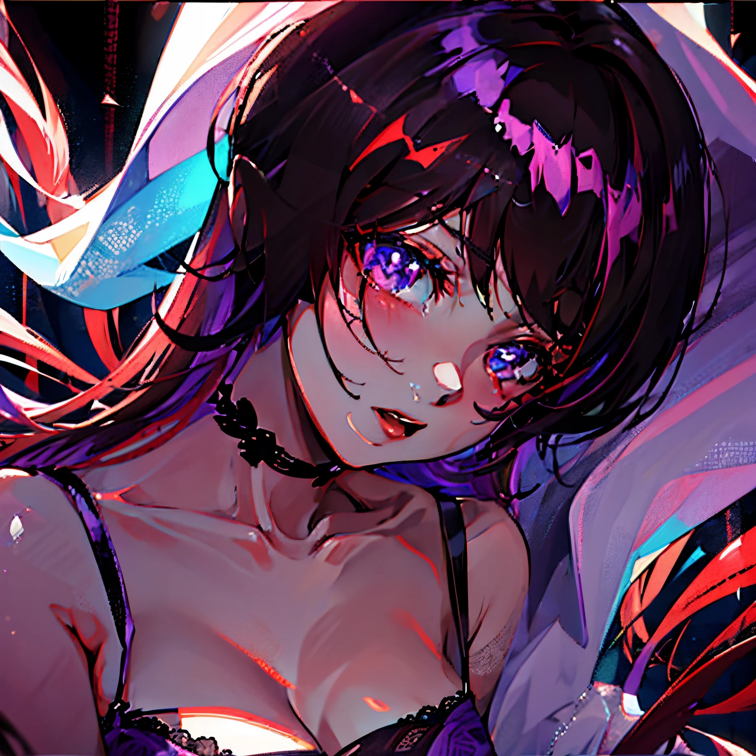 (best quality, high resolution: 1.2), ultra detailed, photorealistic: 1.37, sexy milf purple hair, provocative ahegao look, radiant beauty, curvy figure, seductive confidence, sensual expression, black lace lingerie, soft lighting, passionate atmosphere, vivid colors, subtle seduction, tempting pose, smooth skin, enthusiastic curves, seductive charm, provocative charm, eye-catching long purple hair, masterpiece: 1.2