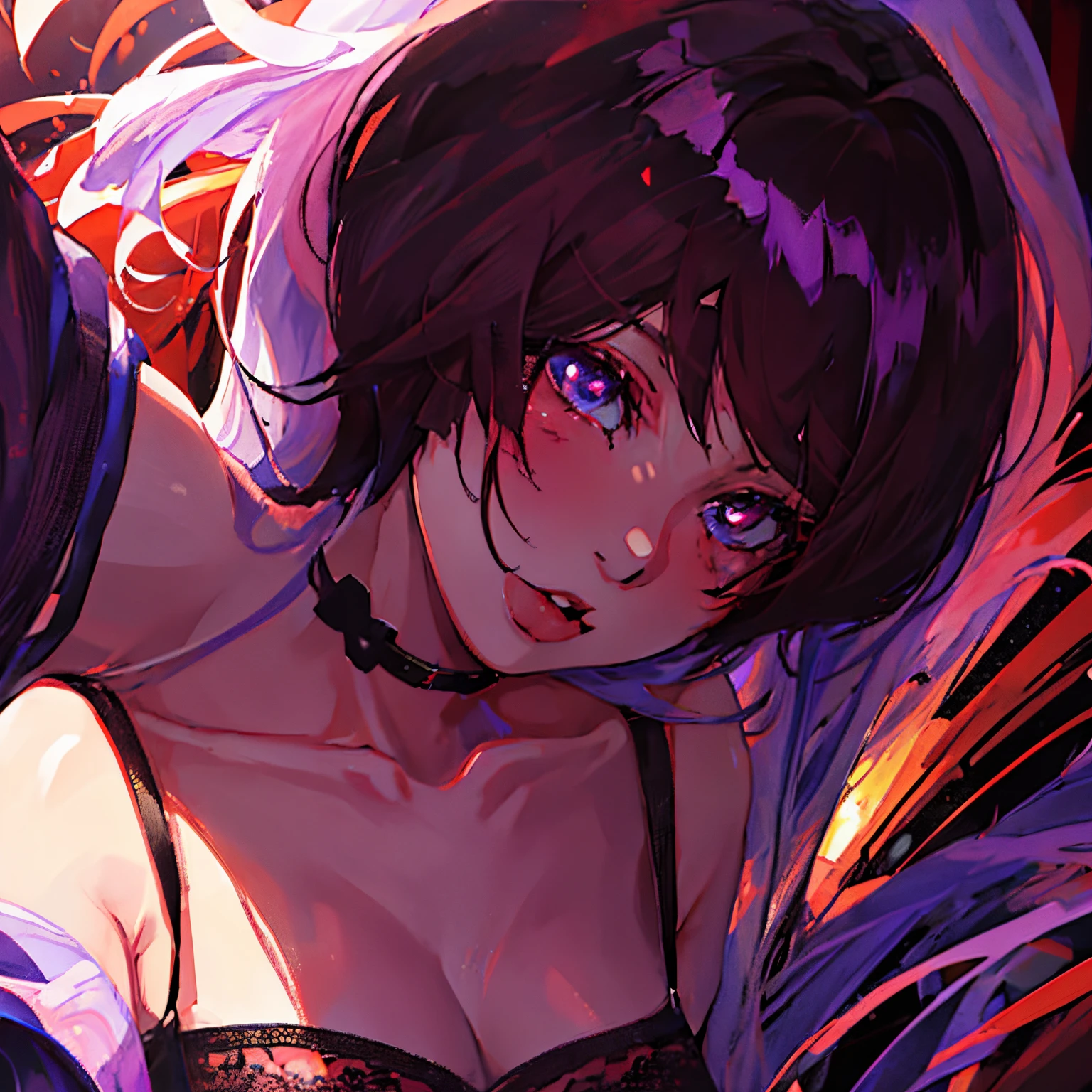 (best quality, high resolution: 1.2), ultra detailed, photorealistic: 1.37, sexy milf purple hair, provocative ahegao look, radiant beauty, curvy figure, seductive confidence, sensual expression, black lace lingerie, soft lighting, passionate atmosphere, vivid colors, subtle seduction, tempting pose, smooth skin, enthusiastic curves, seductive charm, provocative charm, eye-catching long purple hair, masterpiece: 1.2