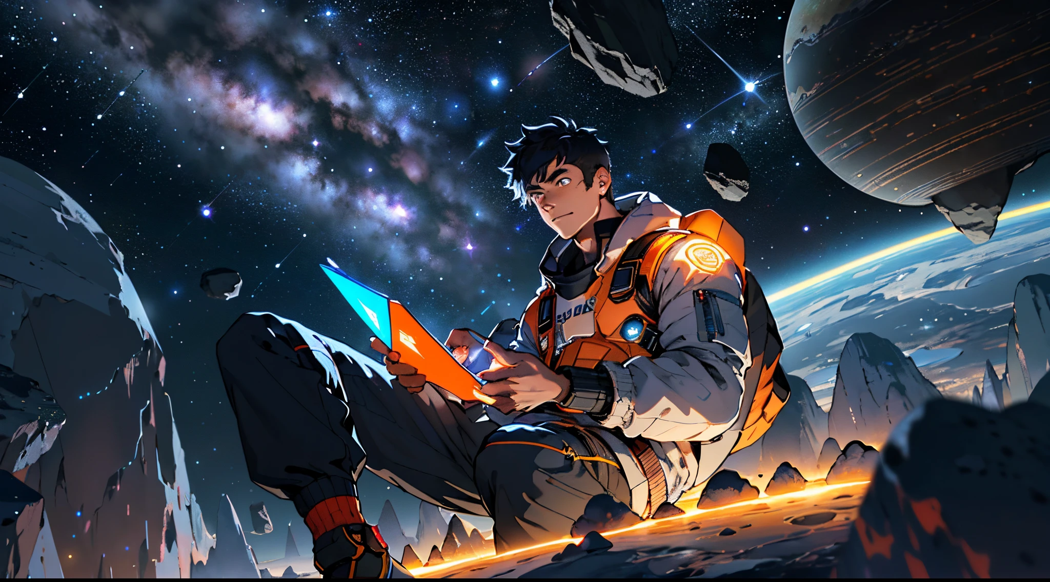 A young programmer sitting on a floating platform in the asteroid belt, Immersed in Revolutionary Internet Coding. With a notebook in front of you, surrounded by asteroids that sparkle with fiery auras. Stellar lighting highlights your confident countenance, as he surveys the vast universe with wonder and respect, expressing determination on your face.