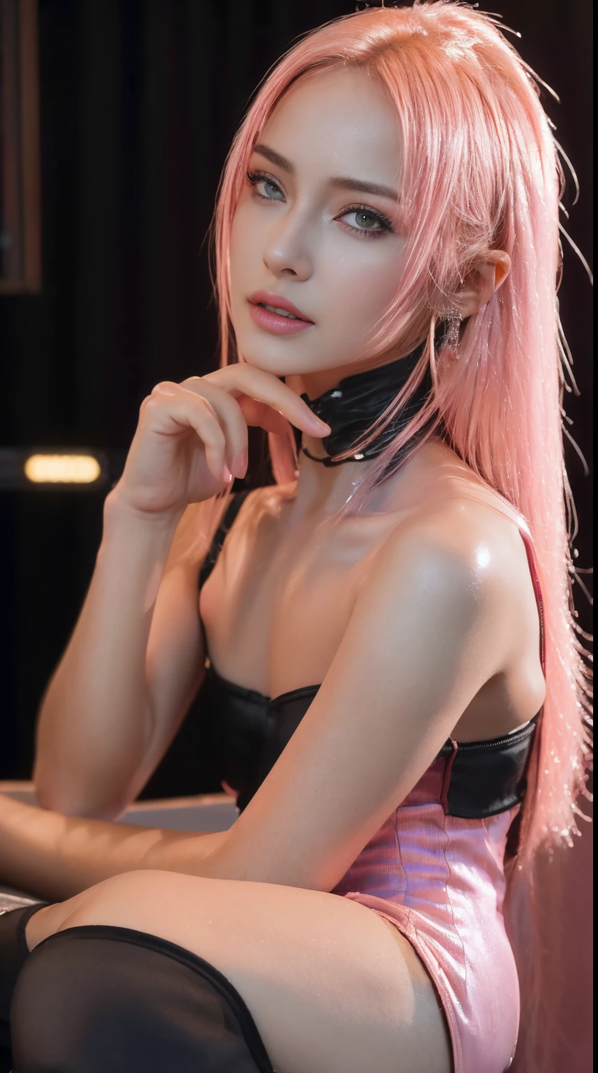 1girl, sexy githyanki, (fair pink skin:1.4), cyberpunk, blacl long blond hair, brown eyes, pointy ears, (cyberpunk red mini dress:1.4), (stockings:1.2), (cyberpunk high heels:1.2), belt, small breasts, athletic, sitting in the cyberpunk bar, dark pink lipstick, eyeliner, highly detailed face and eyes, best quality, masterpiece, realistic, anatomically correct, stunning details, intricate details, 8k post-production, high resolution, super details, trending on ArtStation, sharp focus, depth of field f/1.8, studio photos