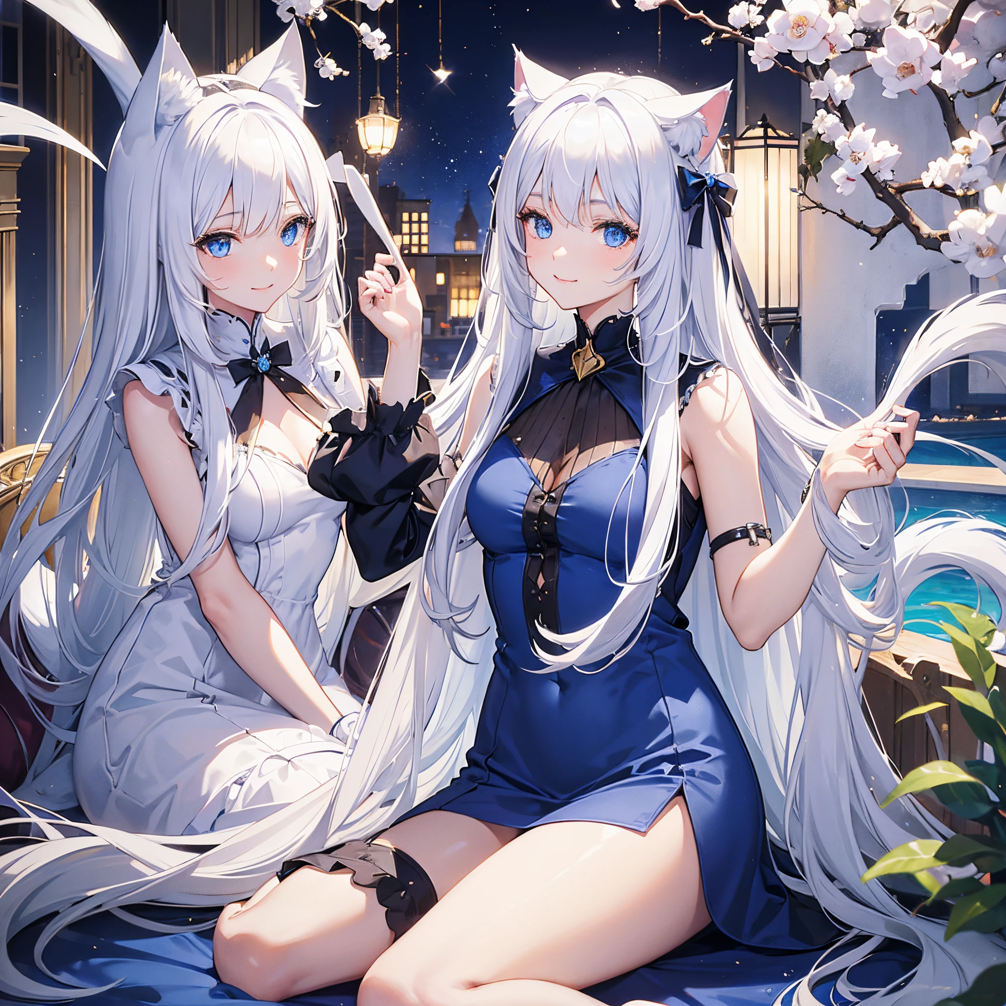 Masterpiece, top quality anime illustration, super detailed, two girls, silver-haired beautiful girl, anime loli, cat ear loli, short cheongsam, sleeveless, pale color pink see-through cheongsam and light blue see-through cheongsam in pale color, smile, bare skin lateral breast, thigh focus, cleavage emphasis, hot spring