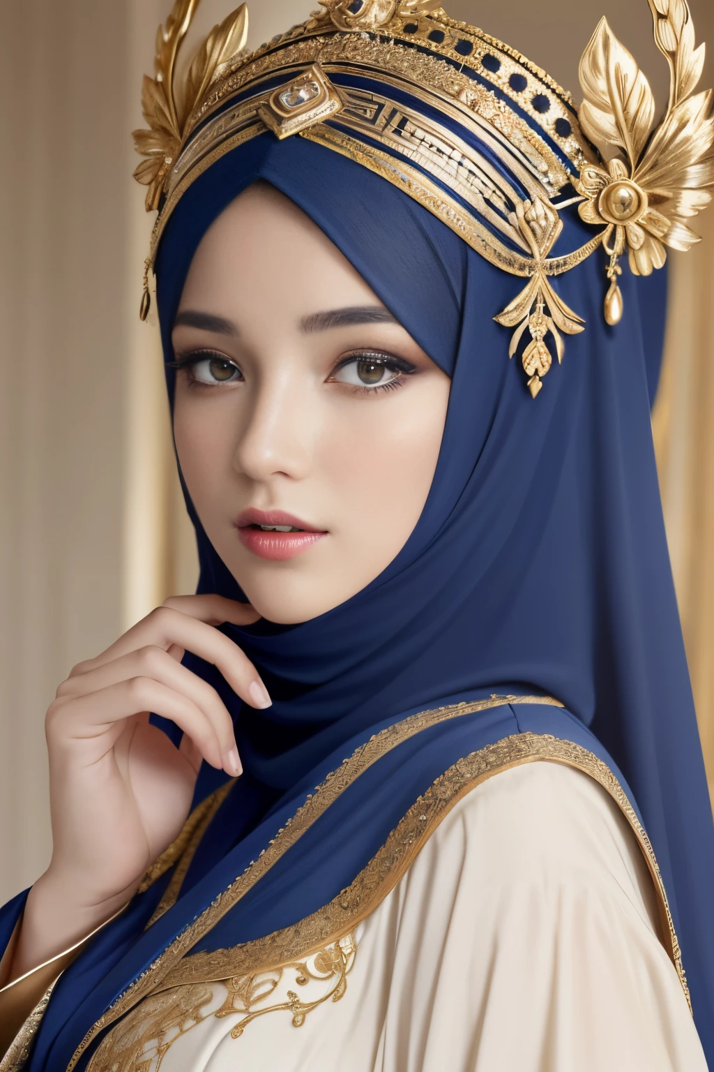 Absurd, ultra-detailed, high quality, masterpiece,  detailed face, beautiful eyes(detailed eyes), Greek mythology, Goddess, Hera , the queen of the gods, striking and captivating, features are classically beautiful, with high cheekbones, a perfectly proportioned face, eyes depicted as large and captivating, hold an intense gaze,hijabi , wearing elegant robes adorned with intricate patterns , Her beauty is not merely superficial but embodies the essence of power, authority, and regality.