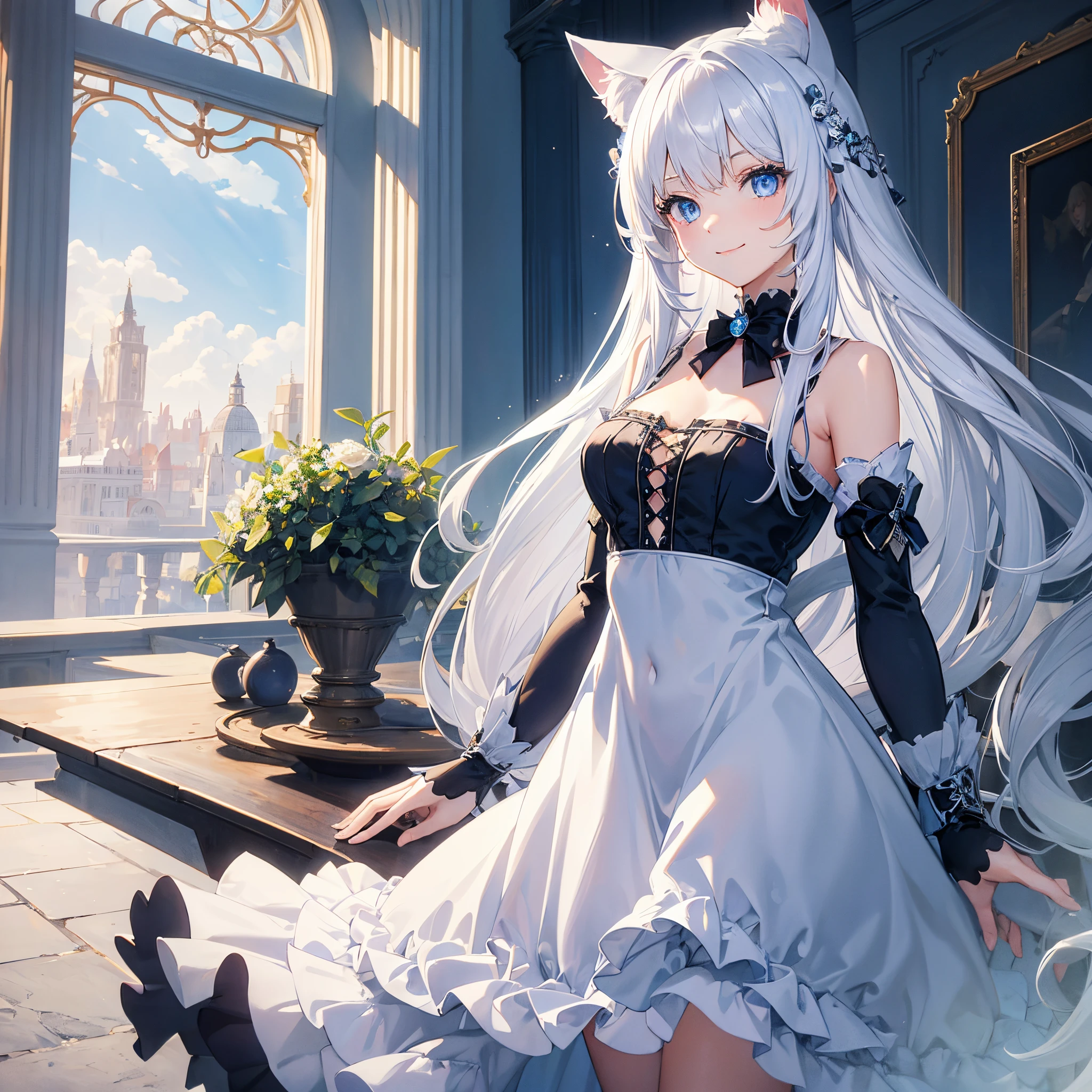 young girl, Long white hair, cat ears, cat tail, blue eyes, Blue luxurious tight dress, ssmile, Masterpiece, hiquality