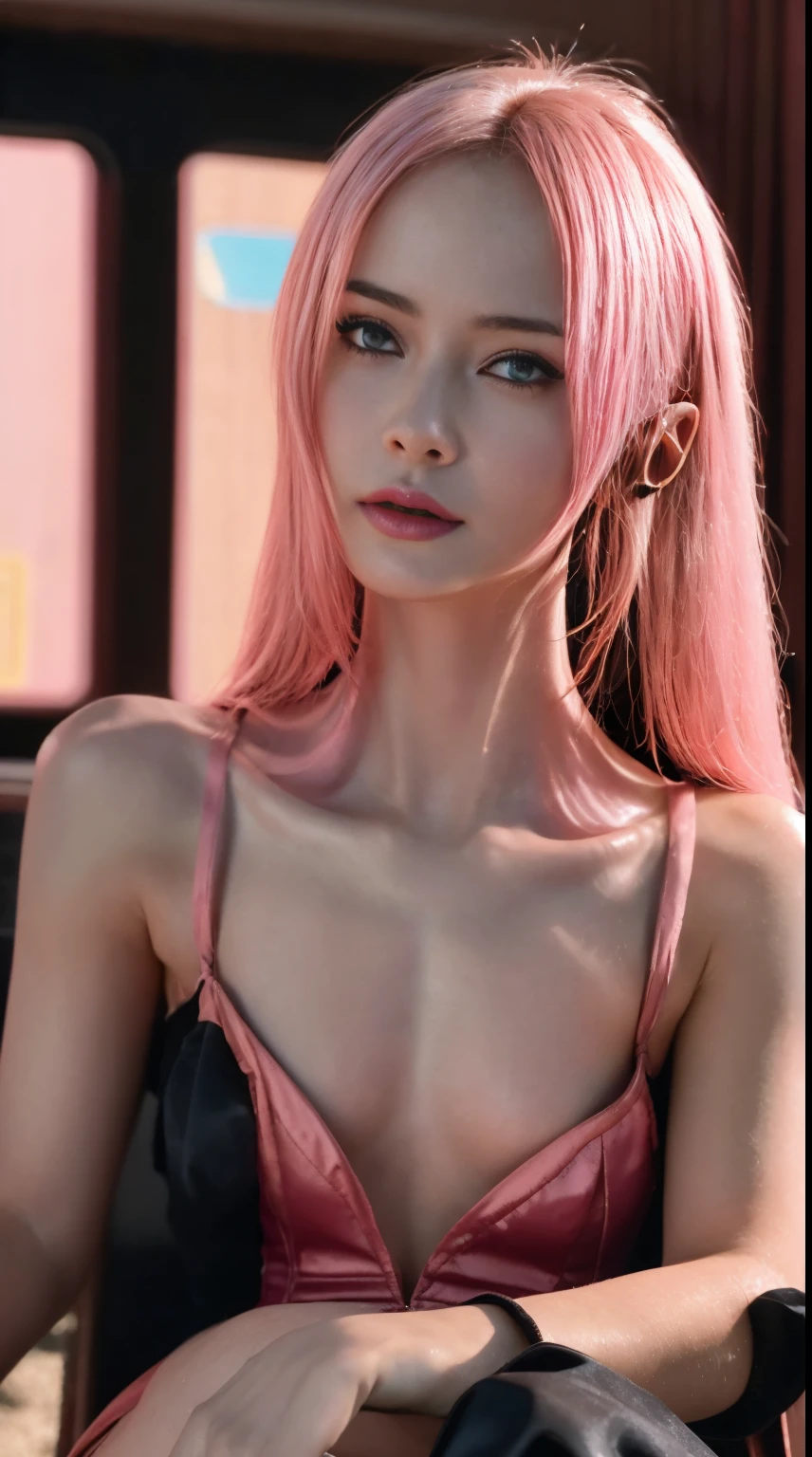 1girl, sexy githyanki, (fair pink skin:1.4), cyberpunk, blacl long blond hair, brown eyes, pointy ears, (cyberpunk red mini dress:1.4), (stockings:1.2), (cyberpunk high heels:1.2), belt, small breasts, athletic, sitting in the cyberpunk bar, dark pink lipstick, eyeliner, highly detailed face and eyes, best quality, masterpiece, realistic, anatomically correct, stunning details, intricate details, 8k post-production, high resolution, super details, trending on ArtStation, sharp focus, depth of field f/1.8, studio photos